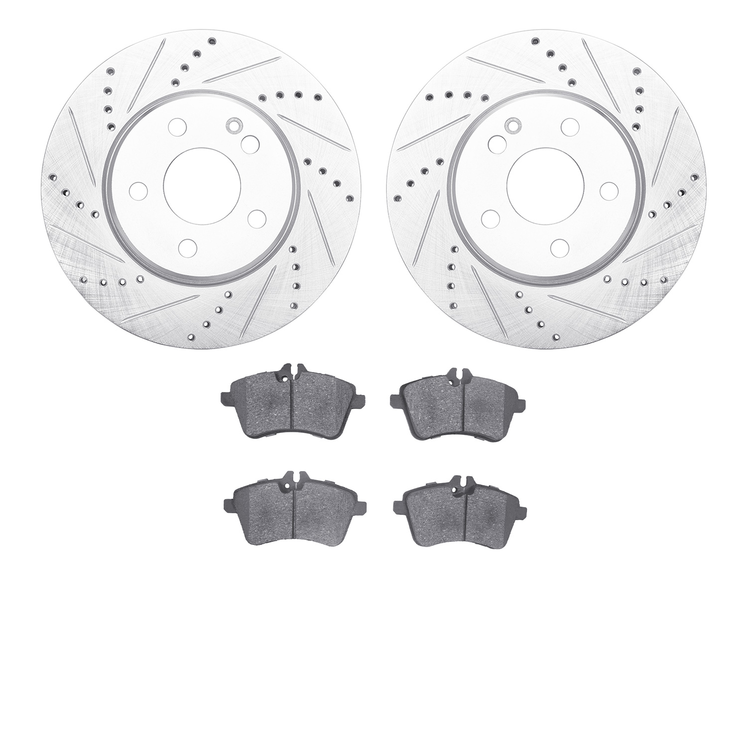 7502-63395 Drilled/Slotted Brake Rotors w/5000 Advanced Brake Pads Kit [Silver], 2006-2011 Mercedes-Benz, Position: Front