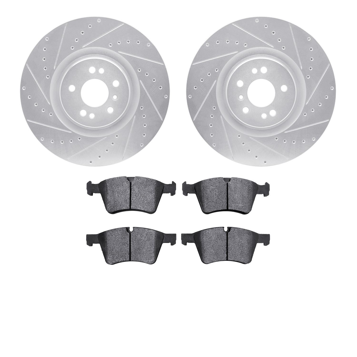 7502-63505 Drilled/Slotted Brake Rotors w/5000 Advanced Brake Pads Kit [Silver], 2007-2009 Mercedes-Benz, Position: Front