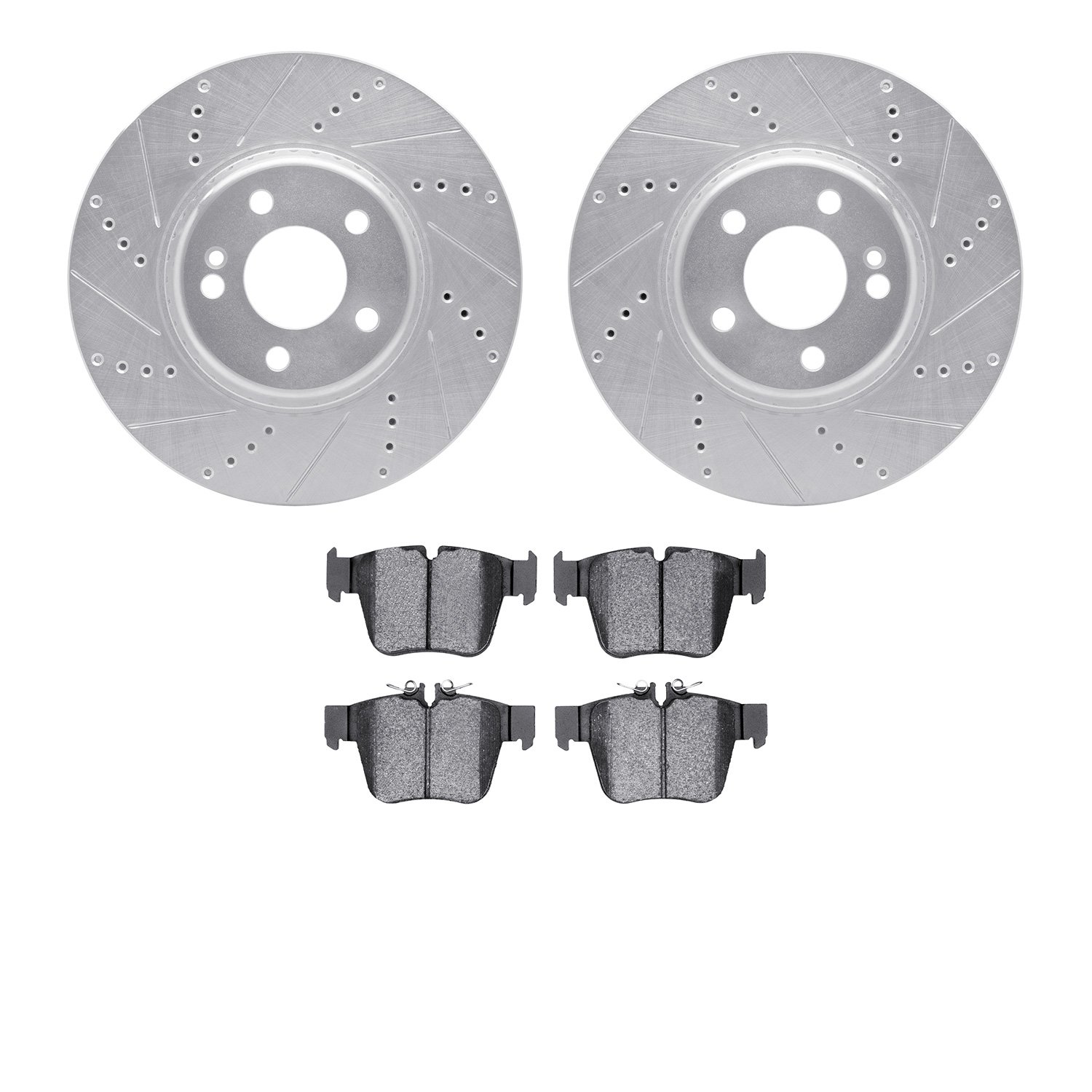7502-63546 Drilled/Slotted Brake Rotors w/5000 Advanced Brake Pads Kit [Silver], Fits Select Mercedes-Benz, Position: Rear