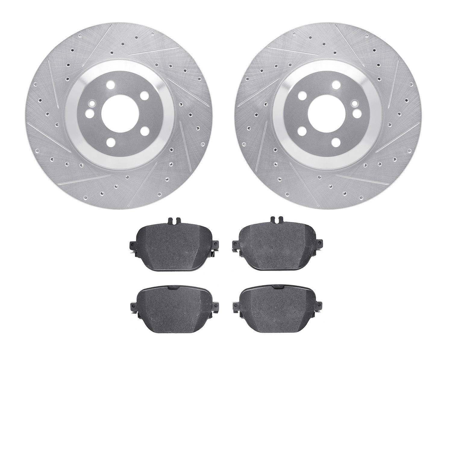 7502-63561 Drilled/Slotted Brake Rotors w/5000 Advanced Brake Pads Kit [Silver], Fits Select Mercedes-Benz, Position: Rear