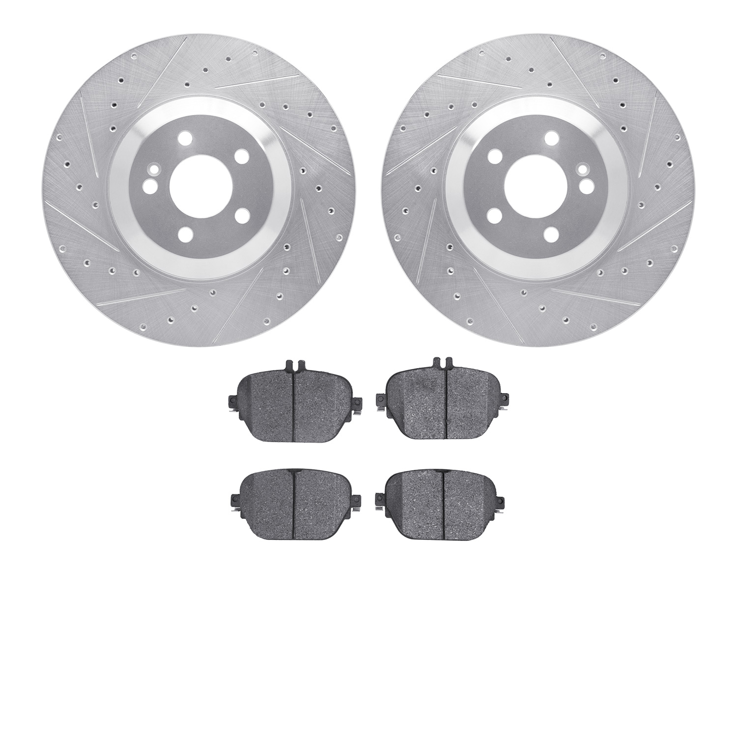 7502-63563 Drilled/Slotted Brake Rotors w/5000 Advanced Brake Pads Kit [Silver], 2017-2017 Mercedes-Benz, Position: Rear