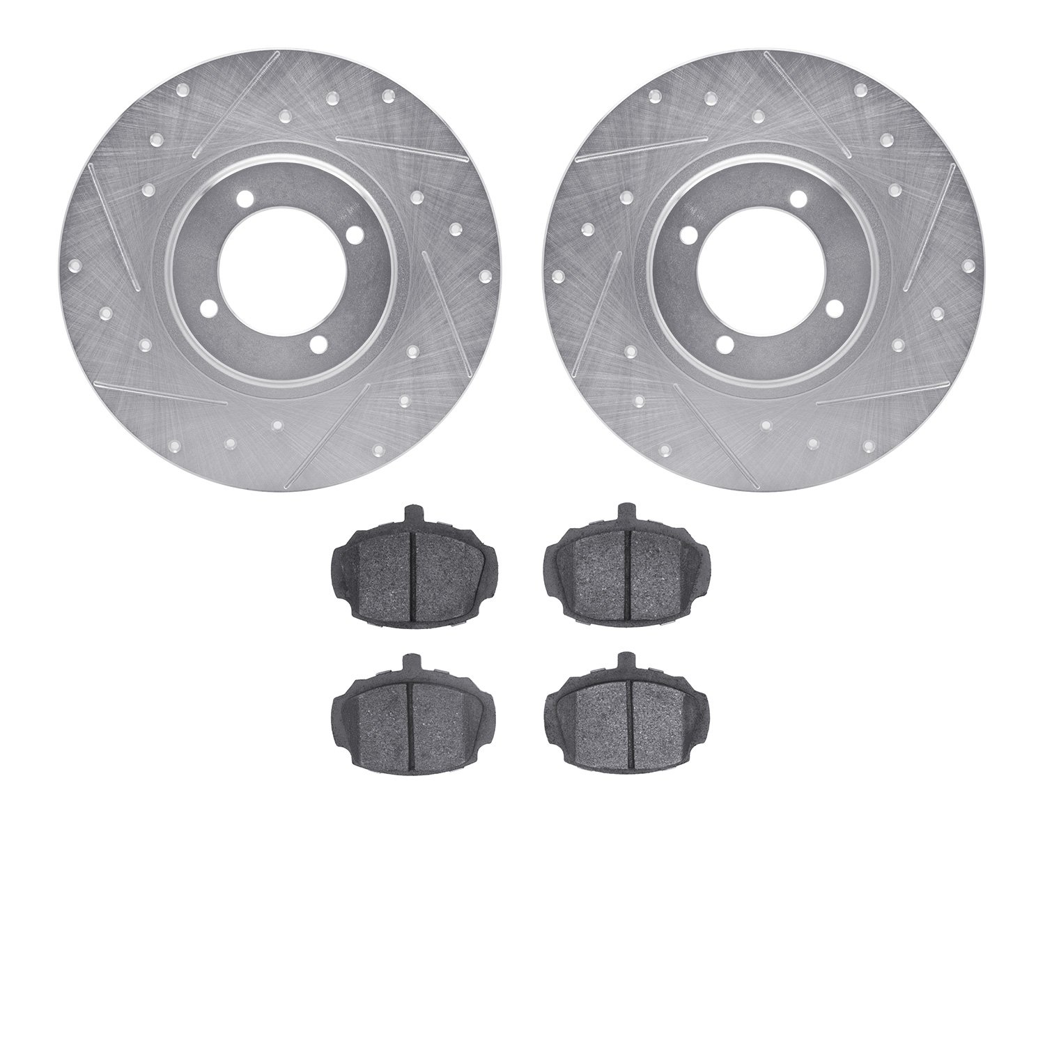 7502-64007 Drilled/Slotted Brake Rotors w/5000 Advanced Brake Pads Kit [Silver], 1962-1980 MG, Position: Front