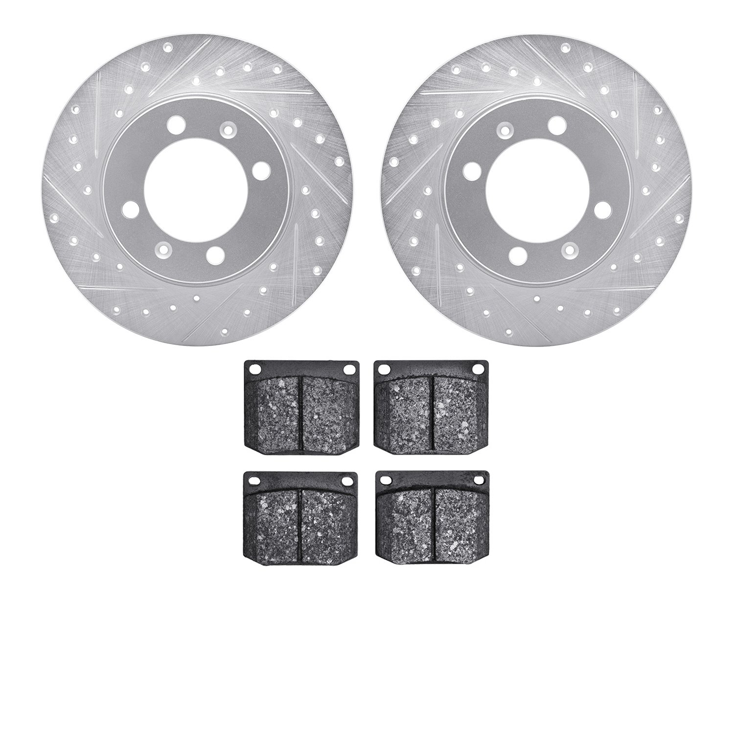 7502-65002 Drilled/Slotted Brake Rotors w/5000 Advanced Brake Pads Kit [Silver], 1981-1987 GM, Position: Front