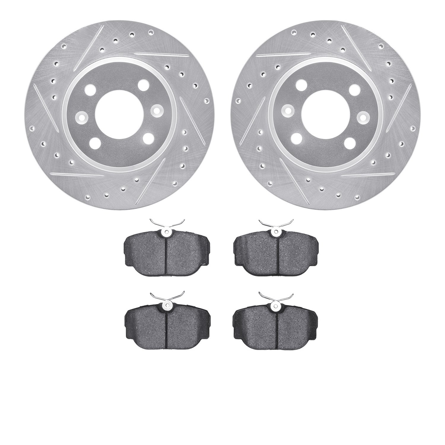 7502-65007 Drilled/Slotted Brake Rotors w/5000 Advanced Brake Pads Kit [Silver], 1987-1993 GM, Position: Front