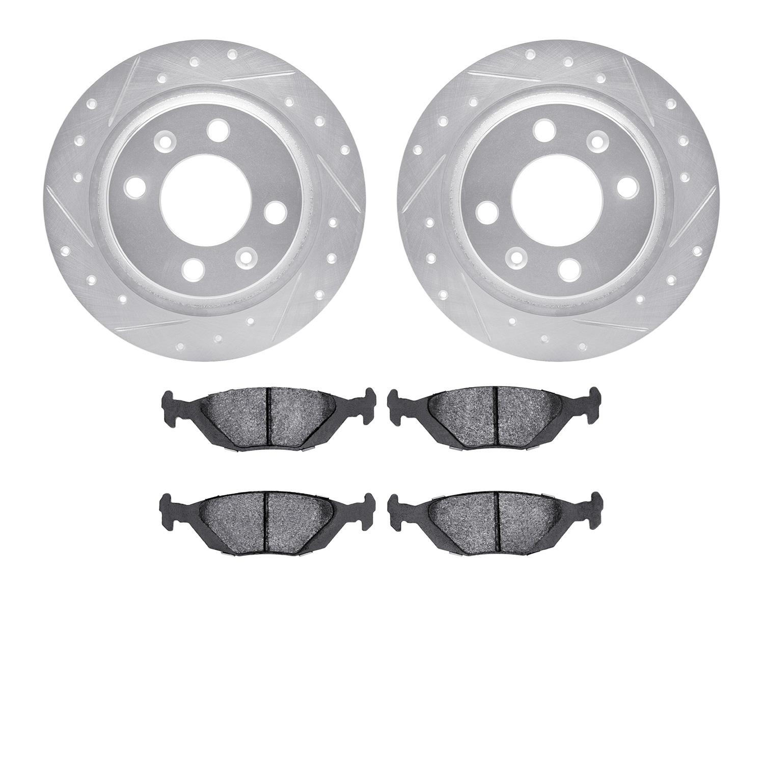 7502-65008 Drilled/Slotted Brake Rotors w/5000 Advanced Brake Pads Kit [Silver], 1986-1998 GM, Position: Rear