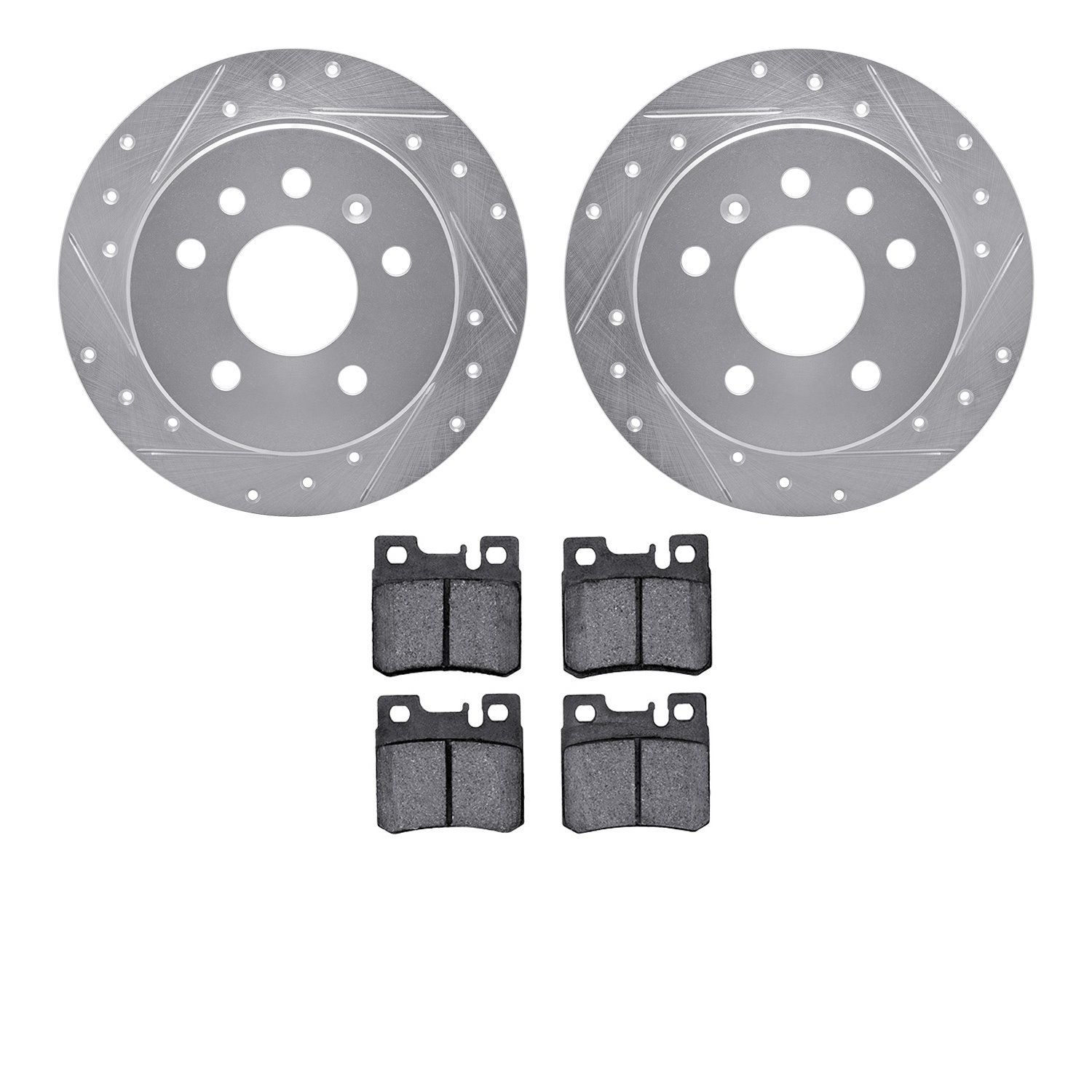 7502-65010 Drilled/Slotted Brake Rotors w/5000 Advanced Brake Pads Kit [Silver], 1994-1996 GM, Position: Rear