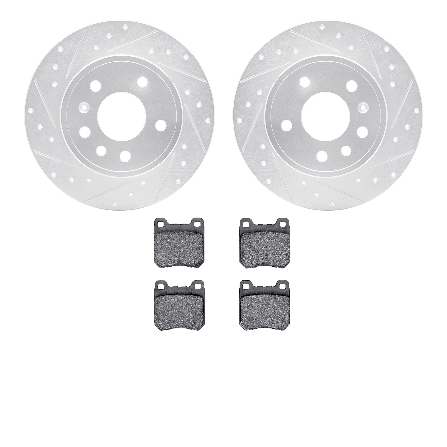 7502-65011 Drilled/Slotted Brake Rotors w/5000 Advanced Brake Pads Kit [Silver], 1997-2008 GM, Position: Rear