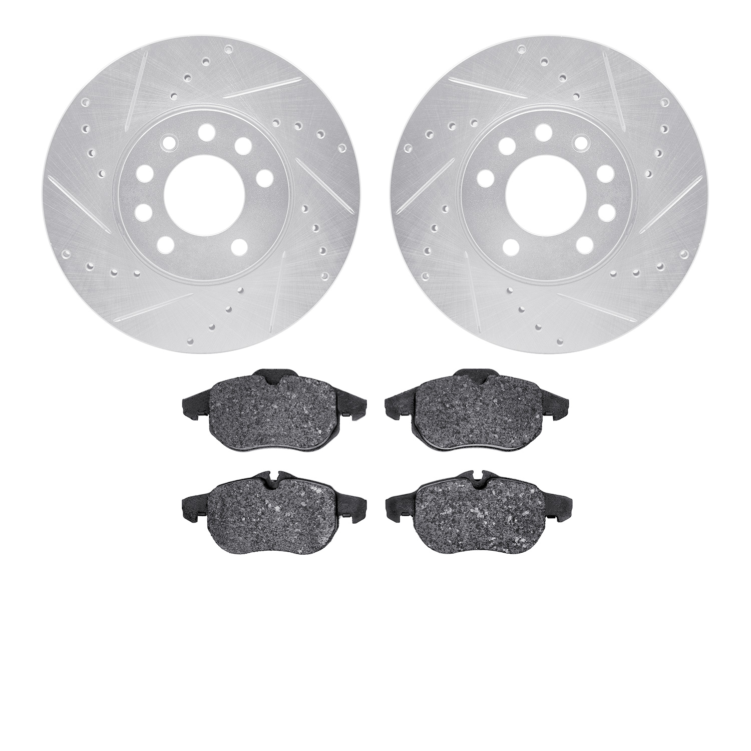 7502-65016 Drilled/Slotted Brake Rotors w/5000 Advanced Brake Pads Kit [Silver], 2003-2011 GM, Position: Front