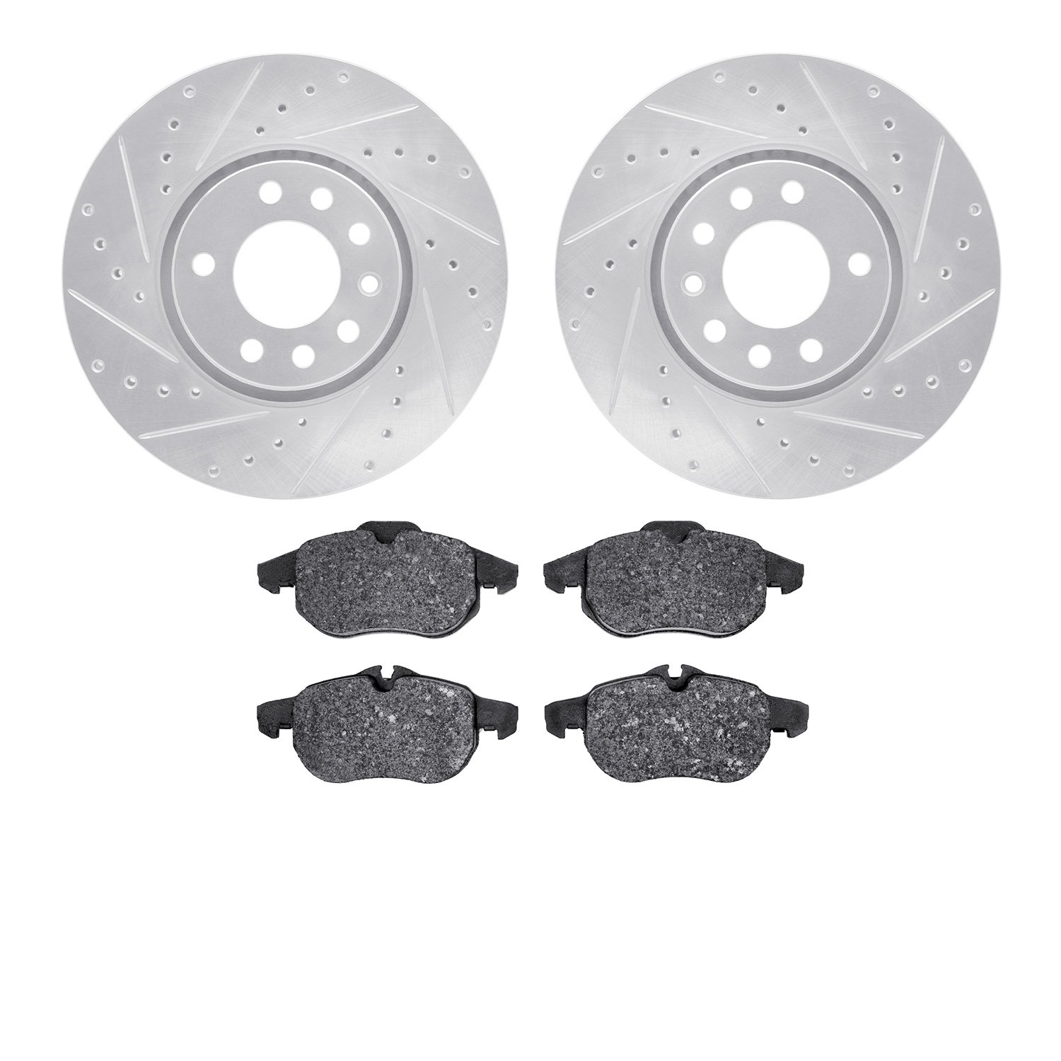 7502-65017 Drilled/Slotted Brake Rotors w/5000 Advanced Brake Pads Kit [Silver], 2003-2011 GM, Position: Front