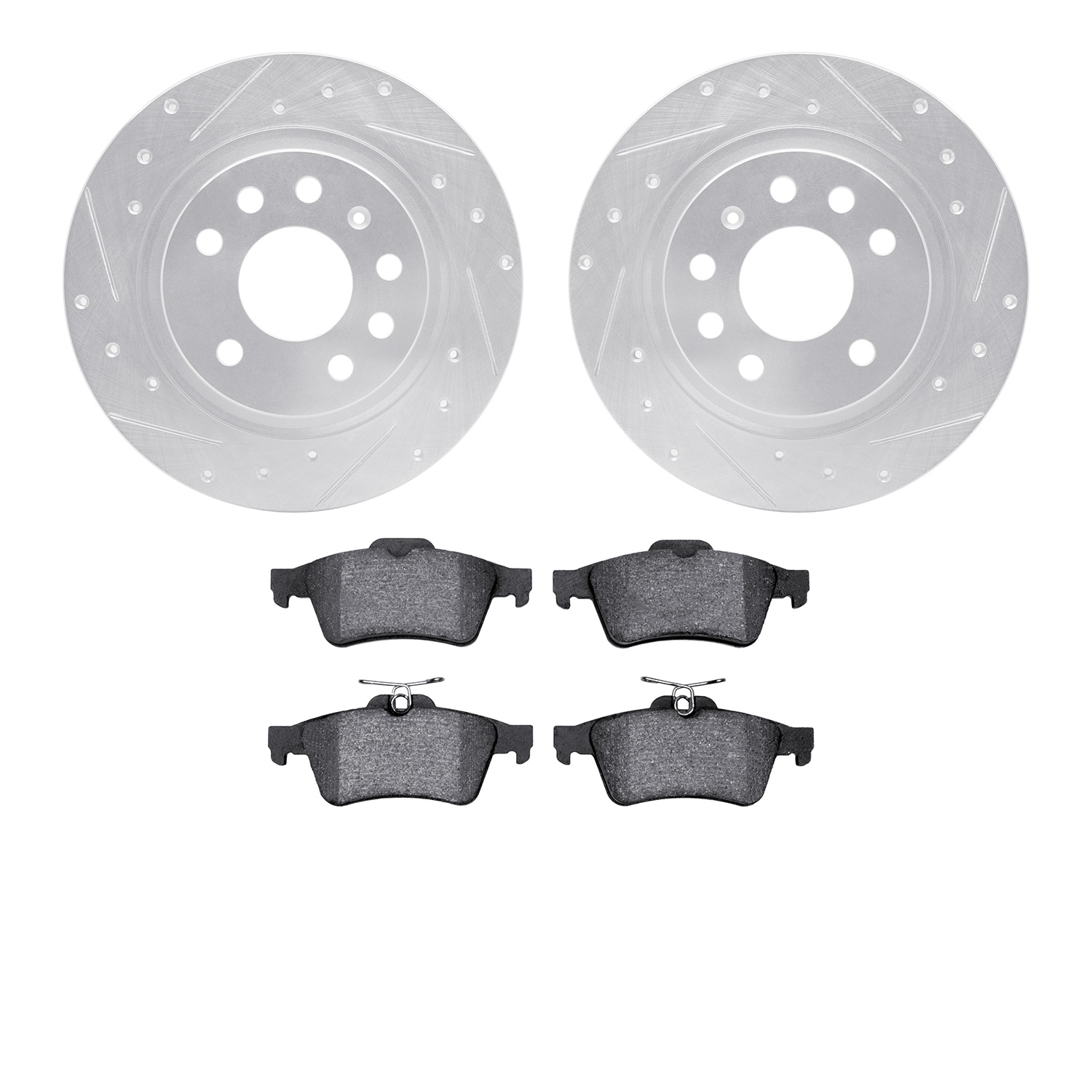 7502-65018 Drilled/Slotted Brake Rotors w/5000 Advanced Brake Pads Kit [Silver], 2003-2011 GM, Position: Rear