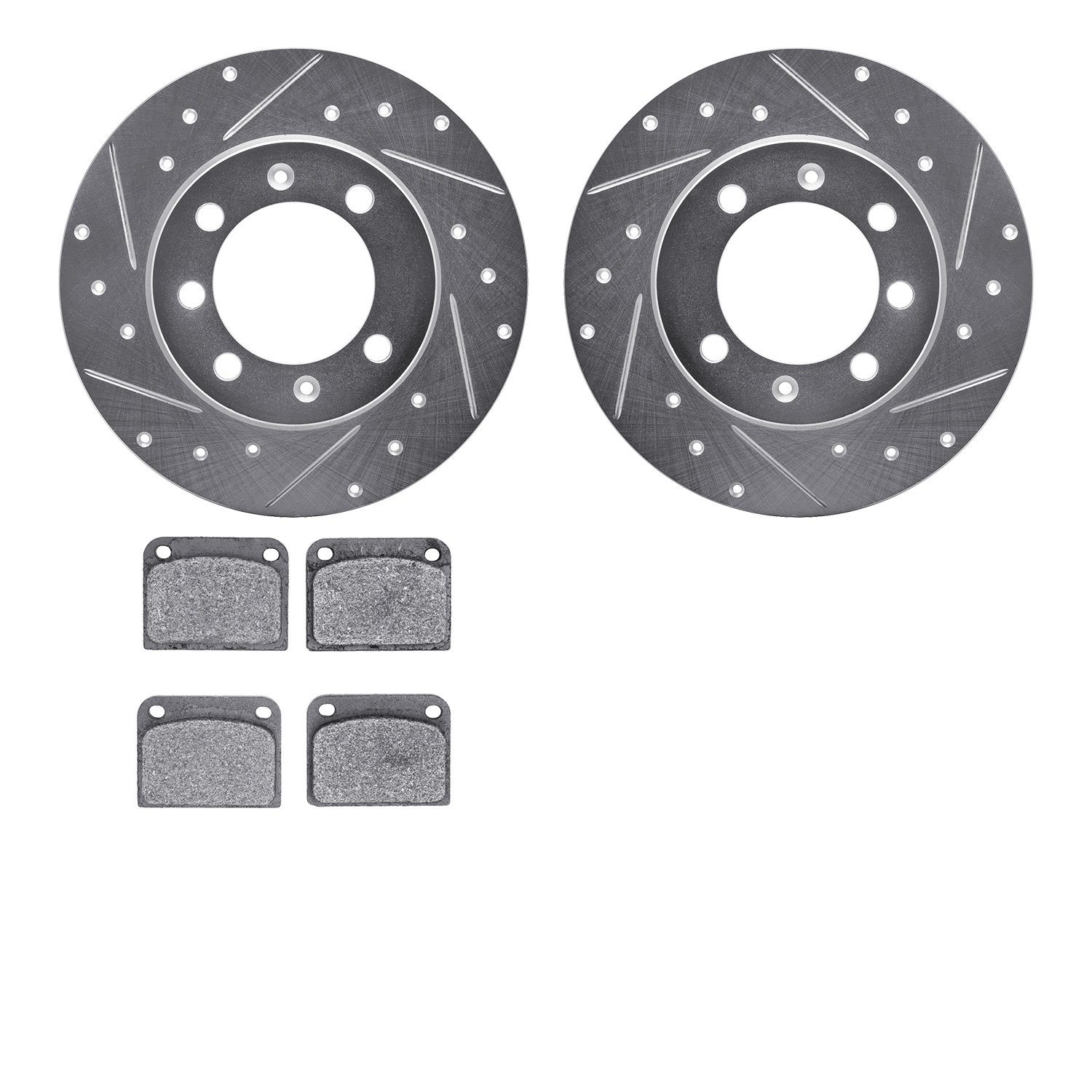 7502-65026 Drilled/Slotted Brake Rotors w/5000 Advanced Brake Pads Kit [Silver], 1974-1976 GM, Position: Rear