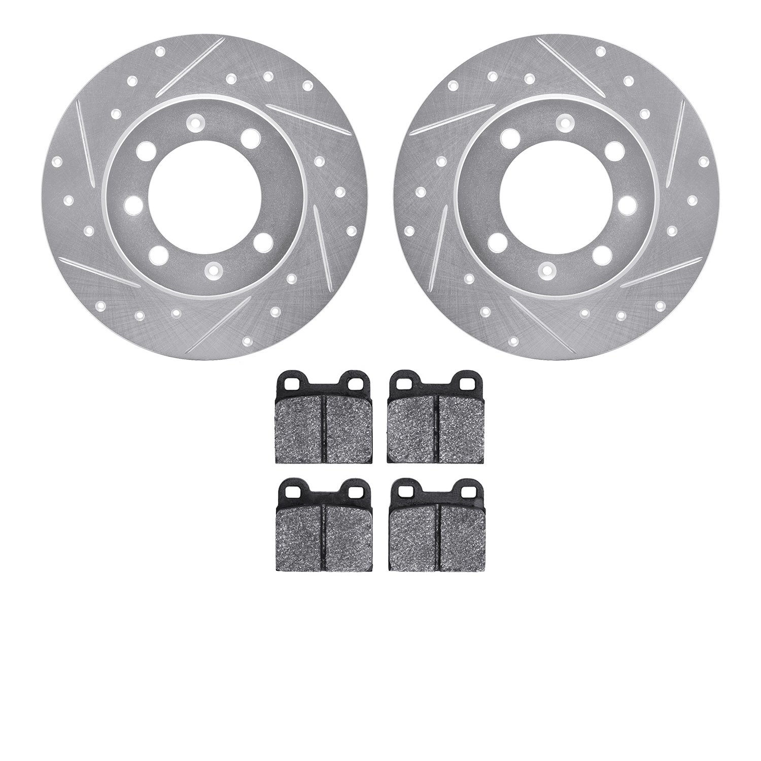 7502-65028 Drilled/Slotted Brake Rotors w/5000 Advanced Brake Pads Kit [Silver], 1969-1987 GM, Position: Rear