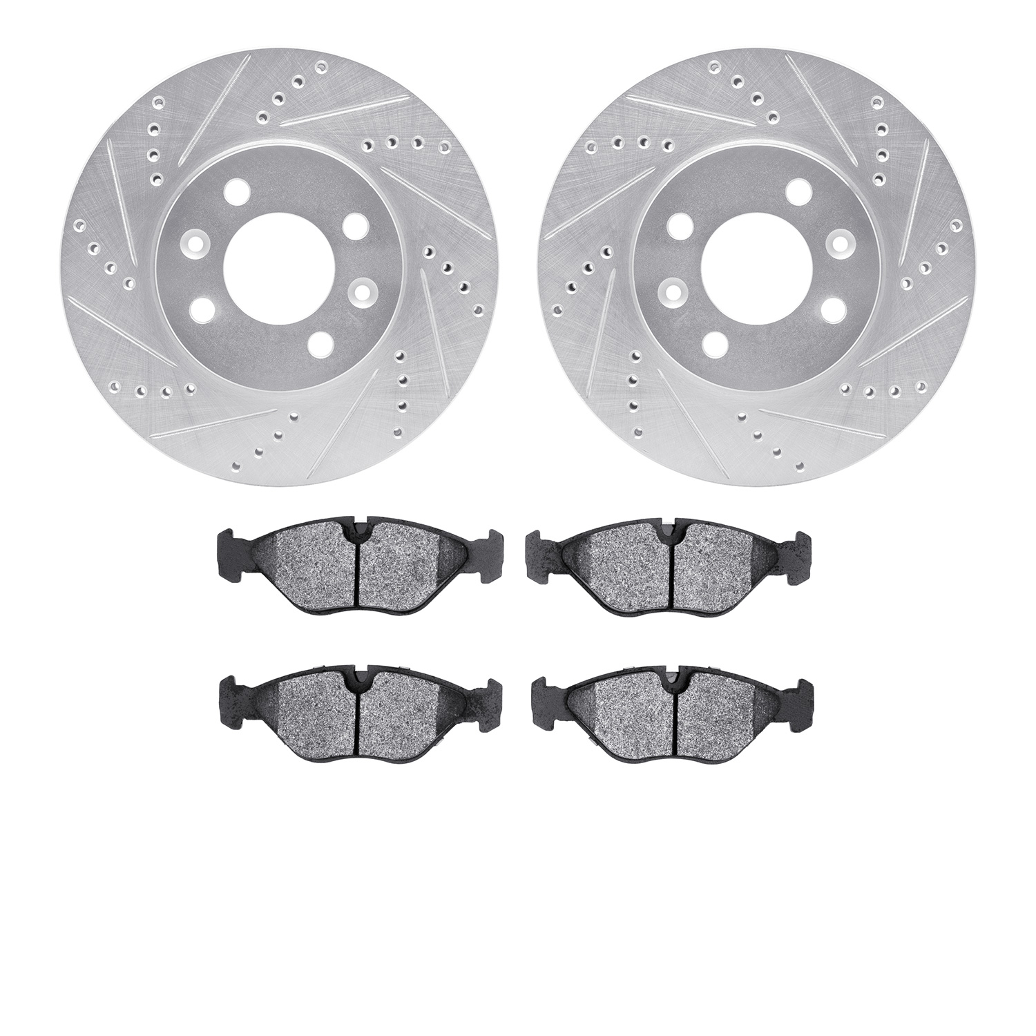 7502-65031 Drilled/Slotted Brake Rotors w/5000 Advanced Brake Pads Kit [Silver], 1988-1998 GM, Position: Front