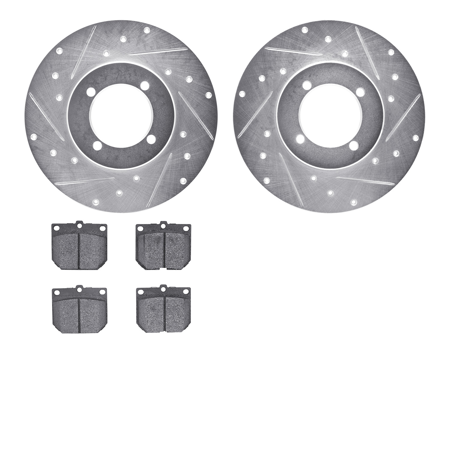 7502-67002 Drilled/Slotted Brake Rotors w/5000 Advanced Brake Pads Kit [Silver], 1974-1978 Infiniti/Nissan, Position: Front