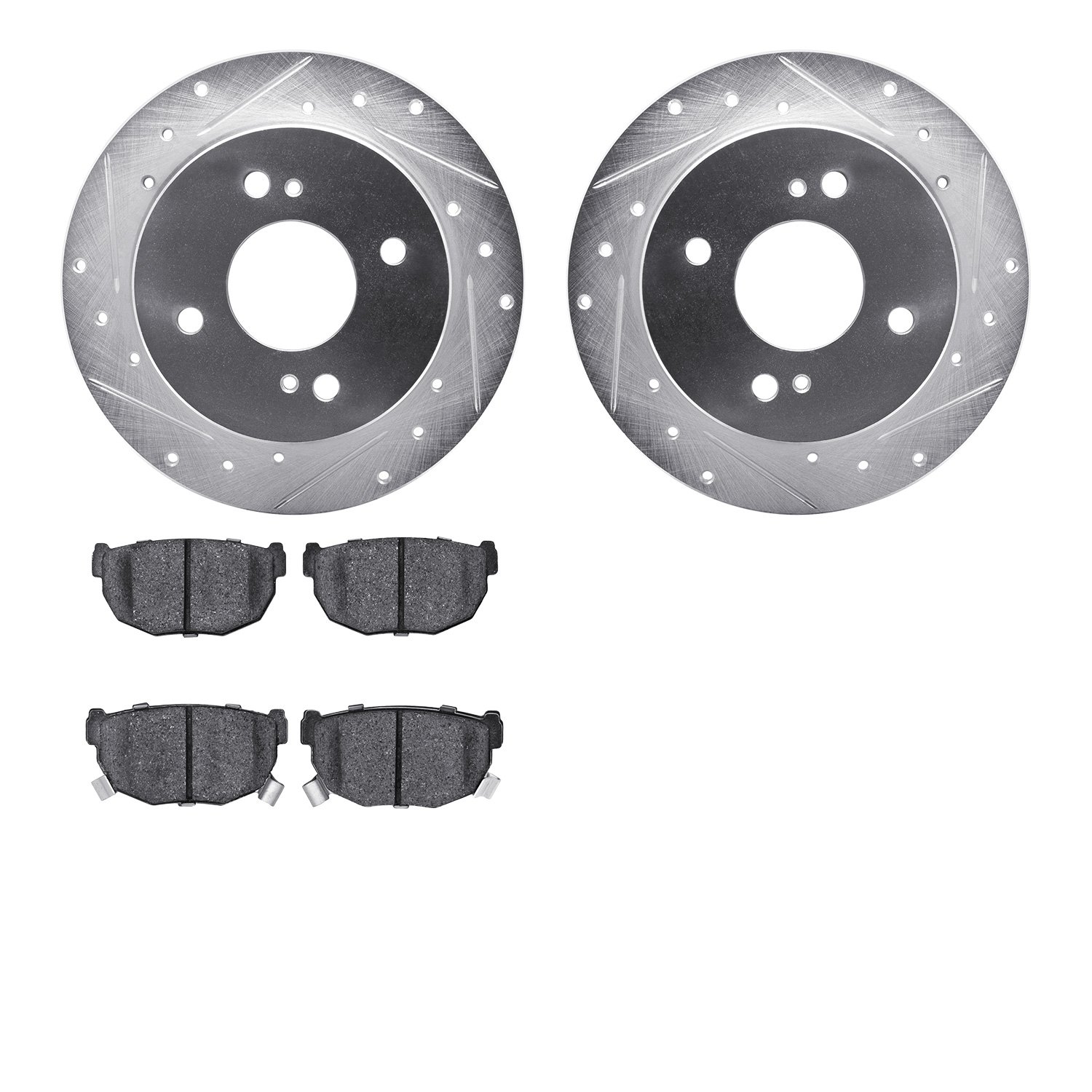 7502-67008 Drilled/Slotted Brake Rotors w/5000 Advanced Brake Pads Kit [Silver], 1982-1988 Infiniti/Nissan, Position: Rear