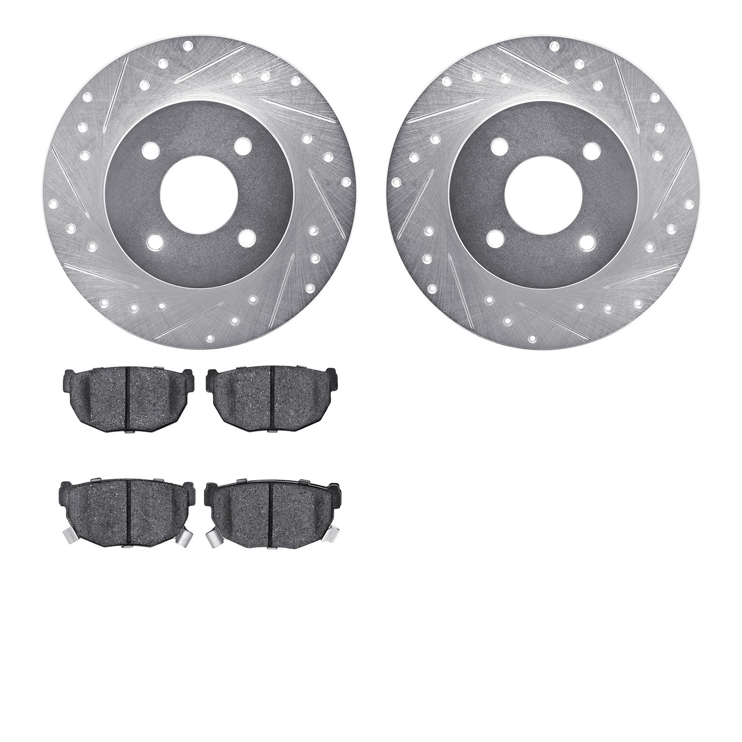 7502-67012 Drilled/Slotted Brake Rotors w/5000 Advanced Brake Pads Kit [Silver], 1984-1985 Infiniti/Nissan, Position: Rear