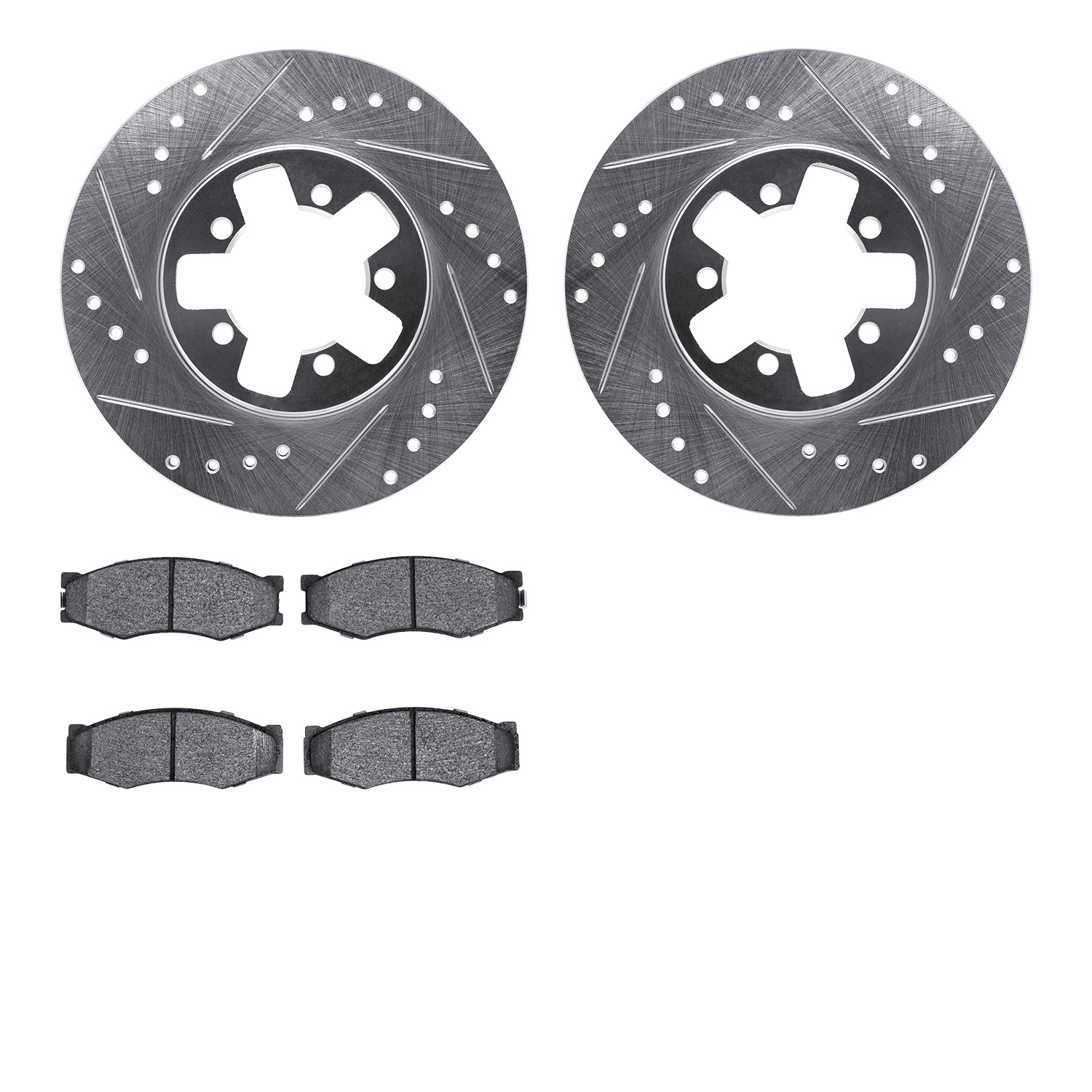7502-67013 Drilled/Slotted Brake Rotors w/5000 Advanced Brake Pads Kit [Silver], 1987-1988 Infiniti/Nissan, Position: Front