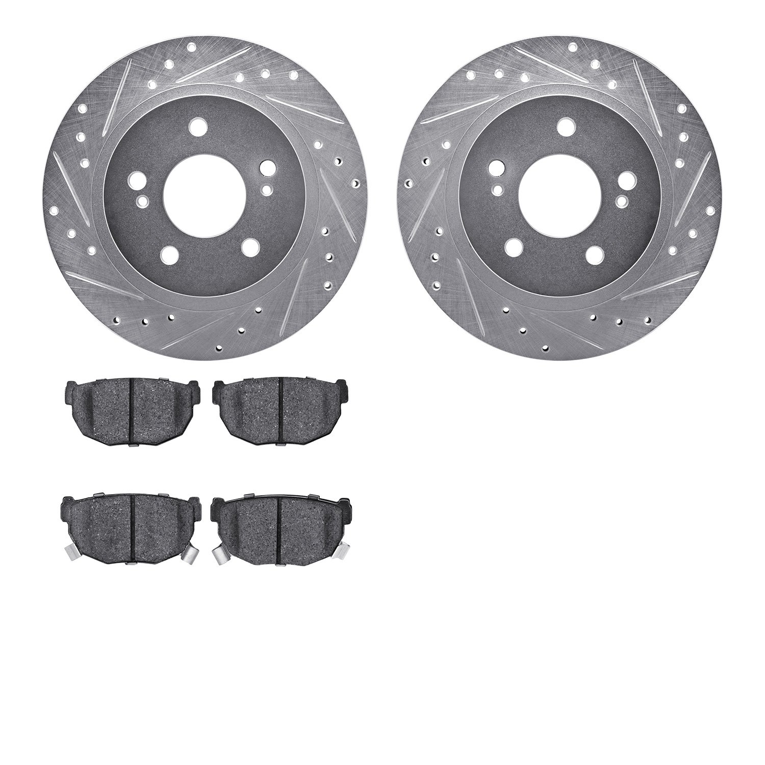 7502-67021 Drilled/Slotted Brake Rotors w/5000 Advanced Brake Pads Kit [Silver], 1987-1989 Infiniti/Nissan, Position: Rear