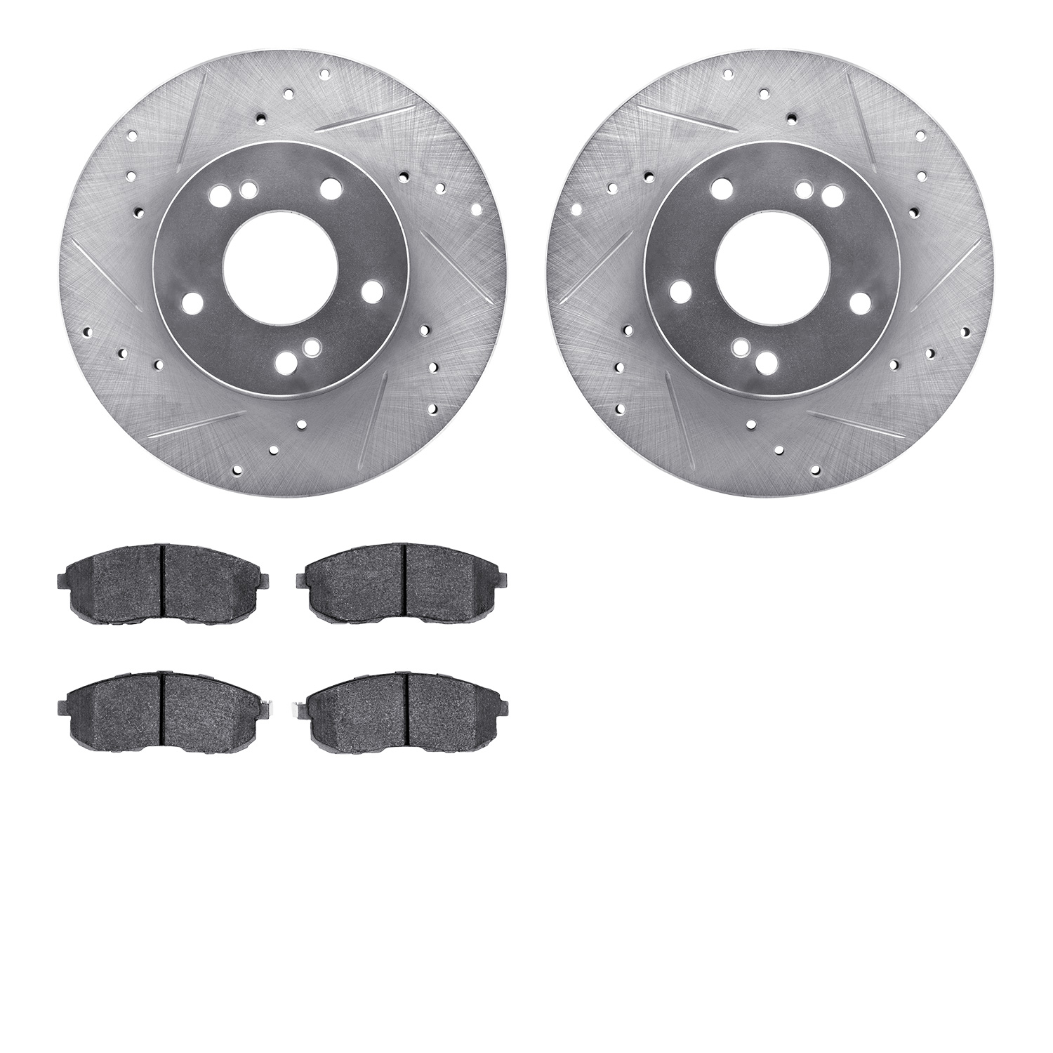 7502-67024 Drilled/Slotted Brake Rotors w/5000 Advanced Brake Pads Kit [Silver], 1989-1999 Infiniti/Nissan, Position: Front