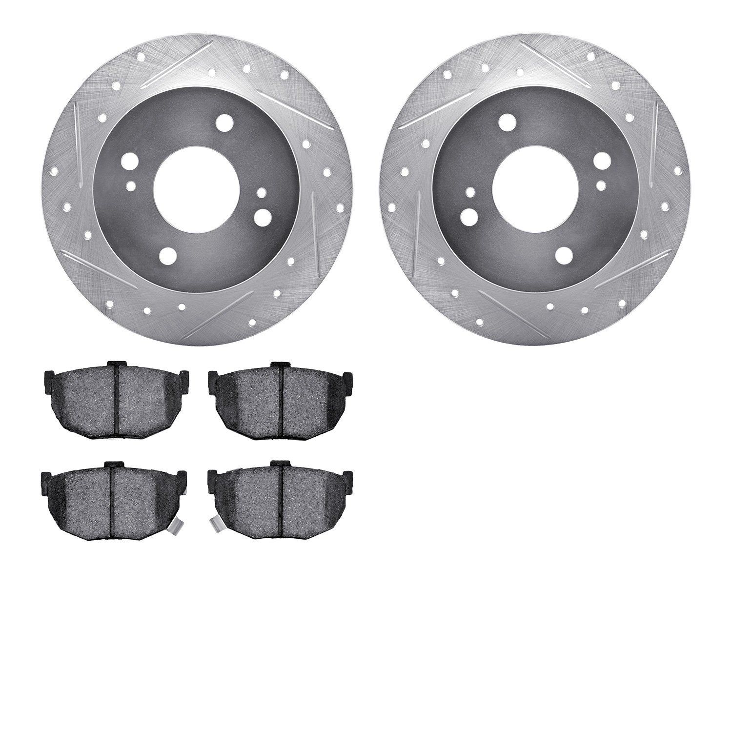 7502-67029 Drilled/Slotted Brake Rotors w/5000 Advanced Brake Pads Kit [Silver], 1990-1992 Infiniti/Nissan, Position: Rear