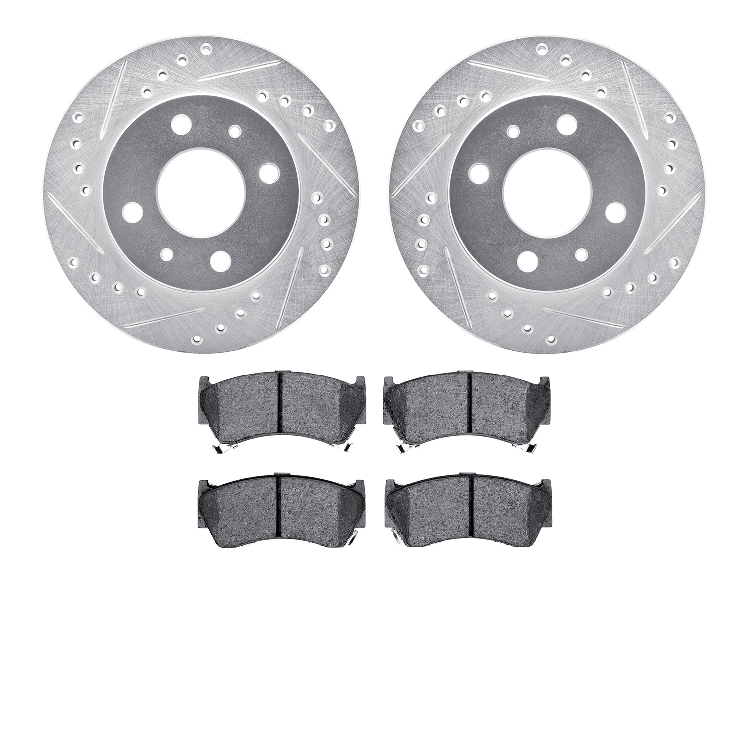 7502-67039 Drilled/Slotted Brake Rotors w/5000 Advanced Brake Pads Kit [Silver], 1995-2000 Infiniti/Nissan, Position: Front
