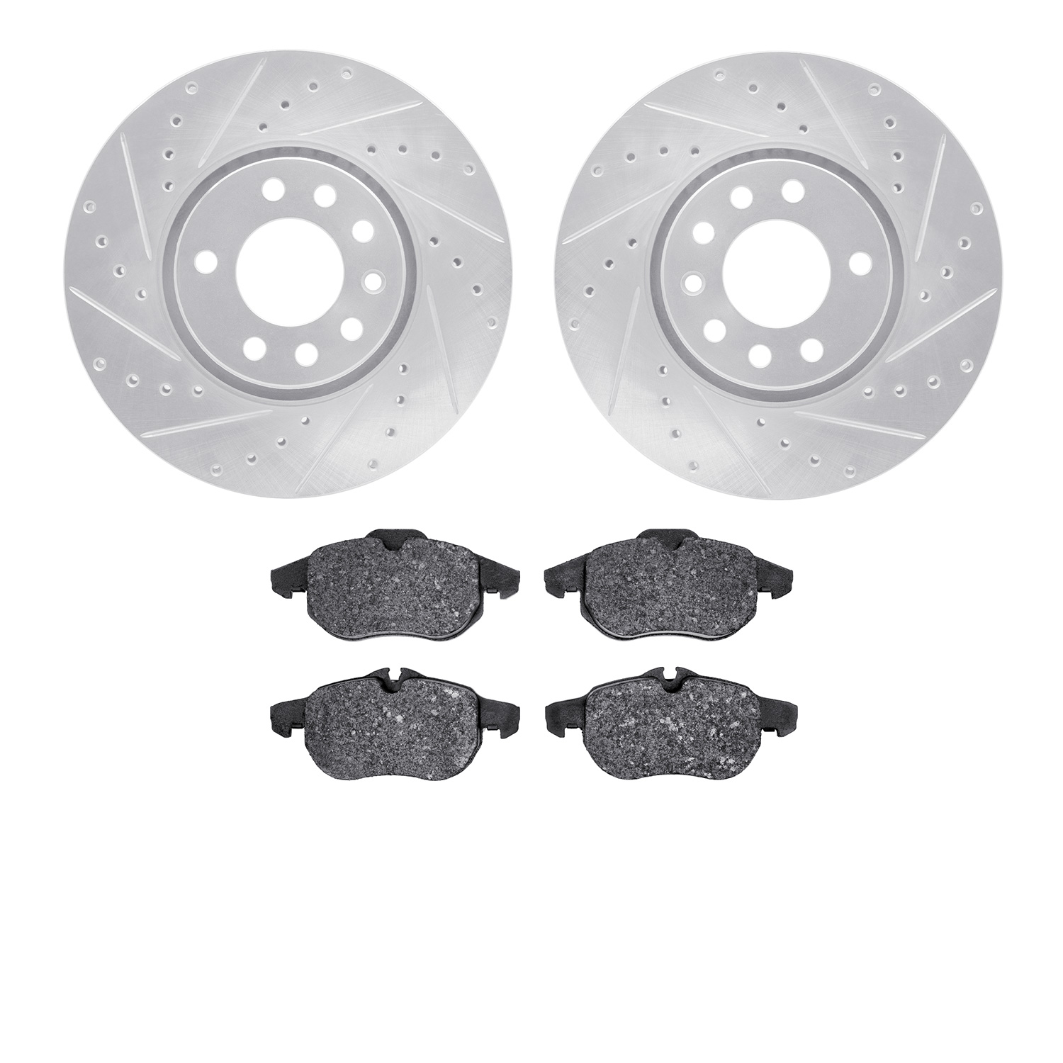 7502-67040 Drilled/Slotted Brake Rotors w/5000 Advanced Brake Pads Kit [Silver], 1996-2000 Infiniti/Nissan, Position: Front