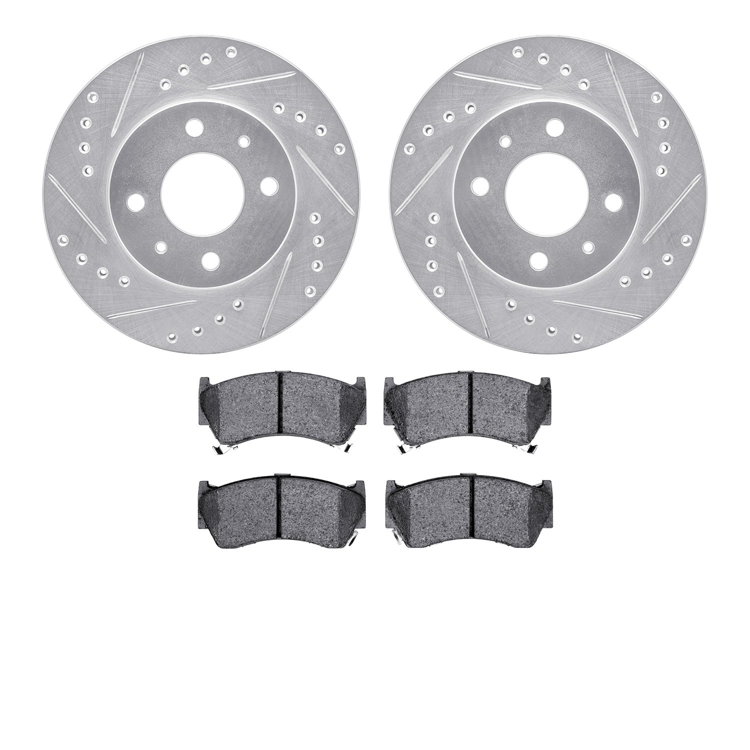 7502-67041 Drilled/Slotted Brake Rotors w/5000 Advanced Brake Pads Kit [Silver], 1995-1999 Infiniti/Nissan, Position: Front