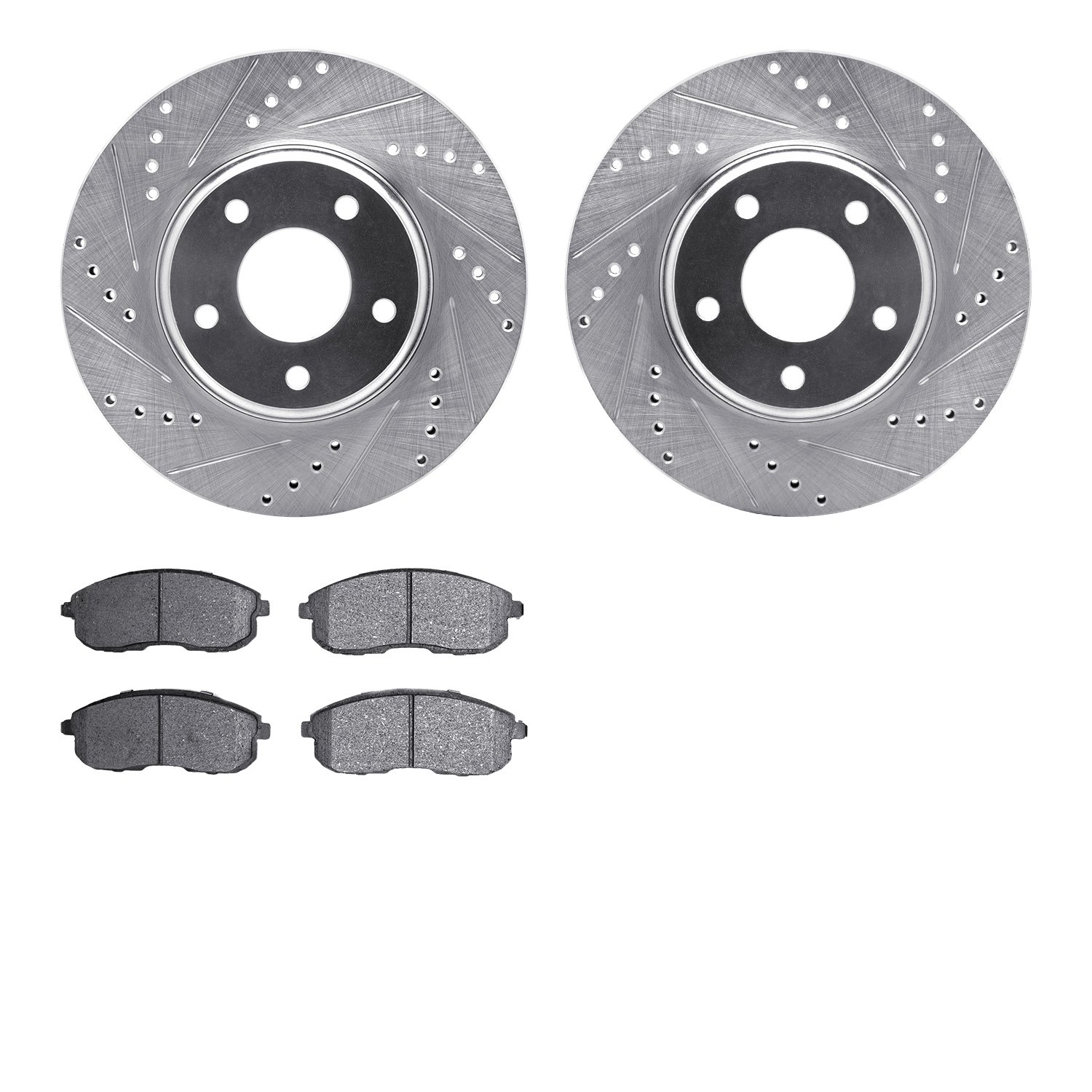 7502-67046 Drilled/Slotted Brake Rotors w/5000 Advanced Brake Pads Kit [Silver], 2002-2006 Infiniti/Nissan, Position: Front