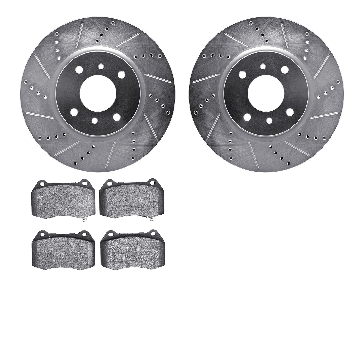 7502-67051 Drilled/Slotted Brake Rotors w/5000 Advanced Brake Pads Kit [Silver], 2004-2006 Infiniti/Nissan, Position: Front