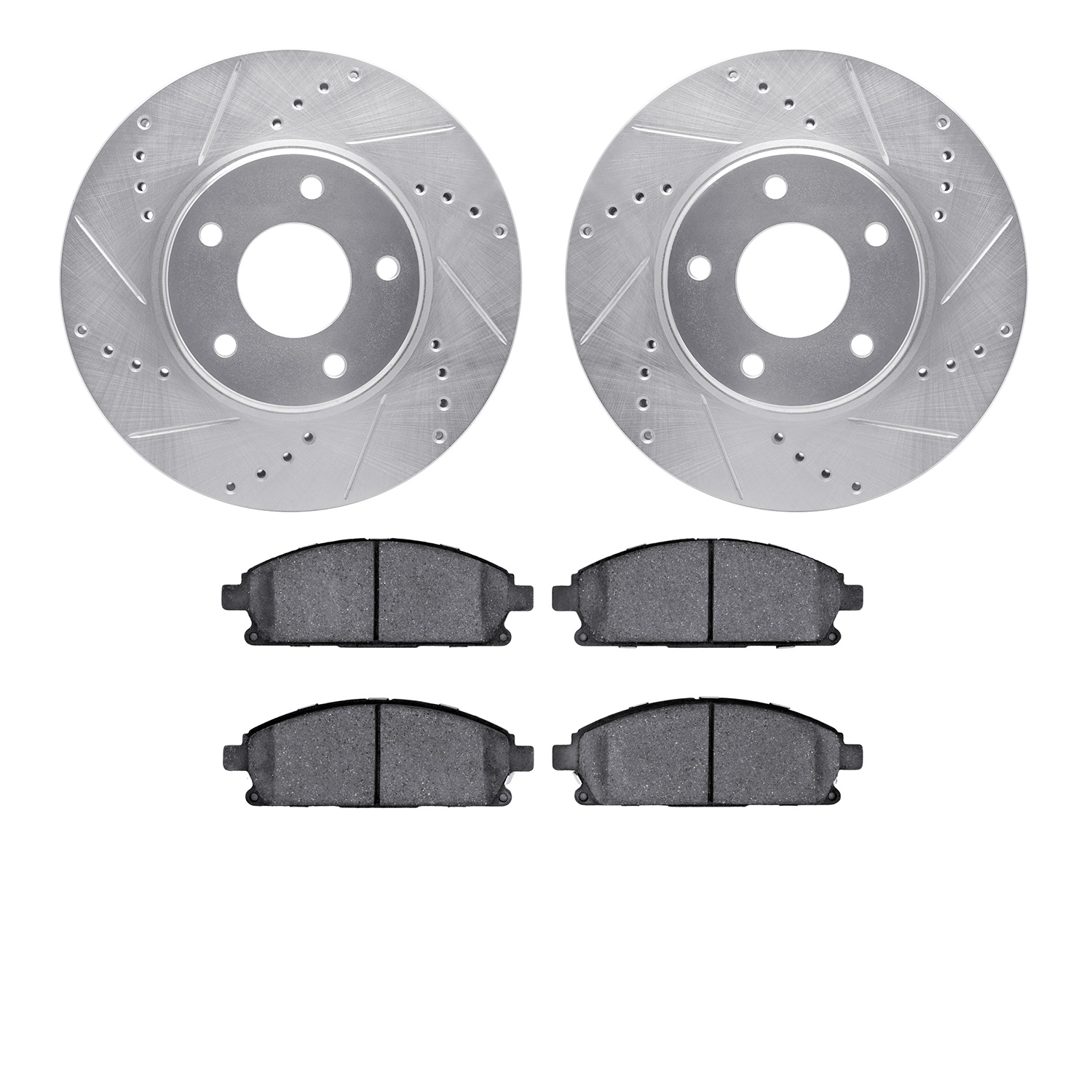 7502-67072 Drilled/Slotted Brake Rotors w/5000 Advanced Brake Pads Kit [Silver], 2004-2017 Infiniti/Nissan, Position: Front