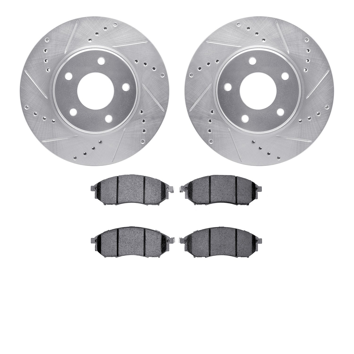 7502-67075 Drilled/Slotted Brake Rotors w/5000 Advanced Brake Pads Kit [Silver], 2002-2006 Infiniti/Nissan, Position: Front