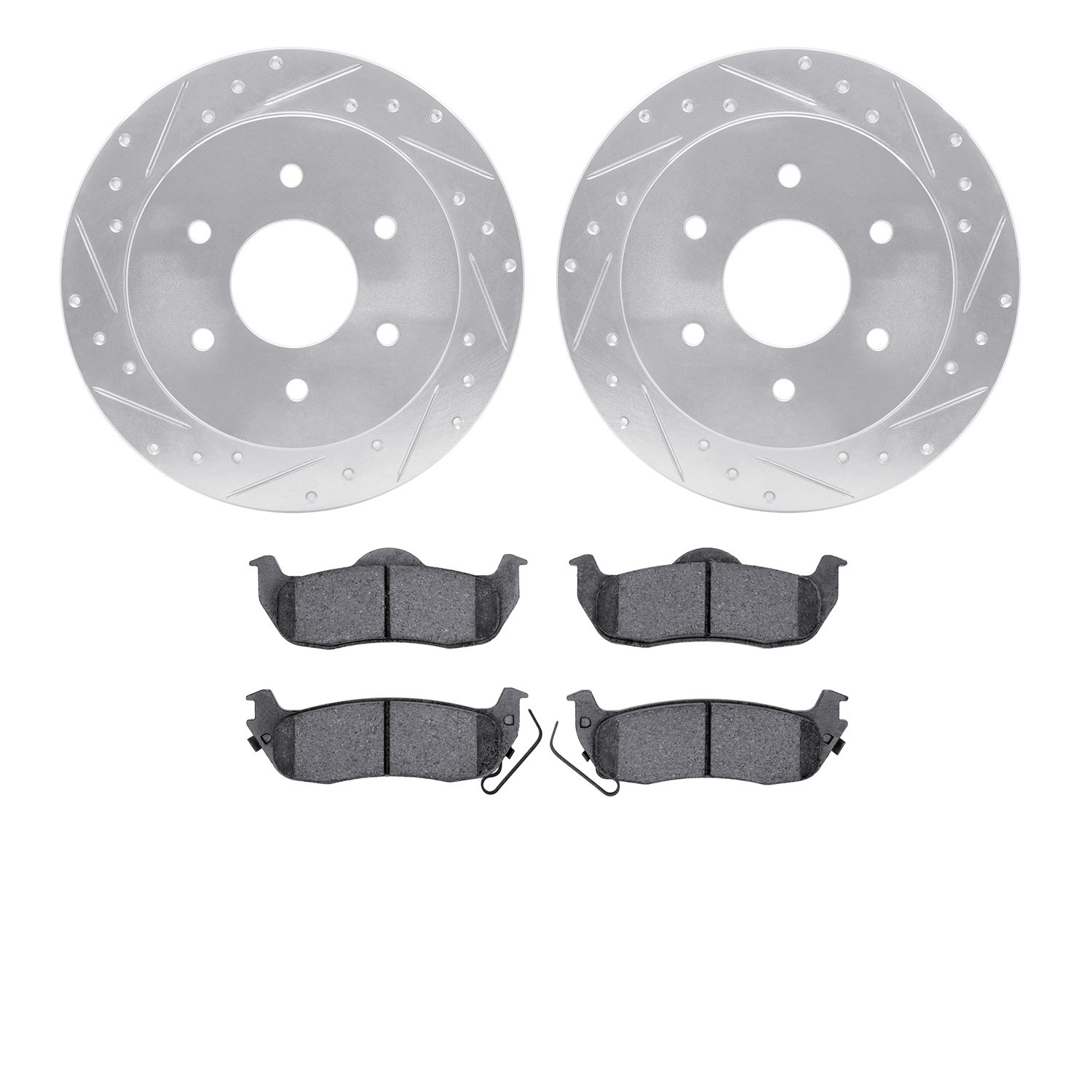 7502-67081 Drilled/Slotted Brake Rotors w/5000 Advanced Brake Pads Kit [Silver], 2004-2015 Infiniti/Nissan, Position: Rear