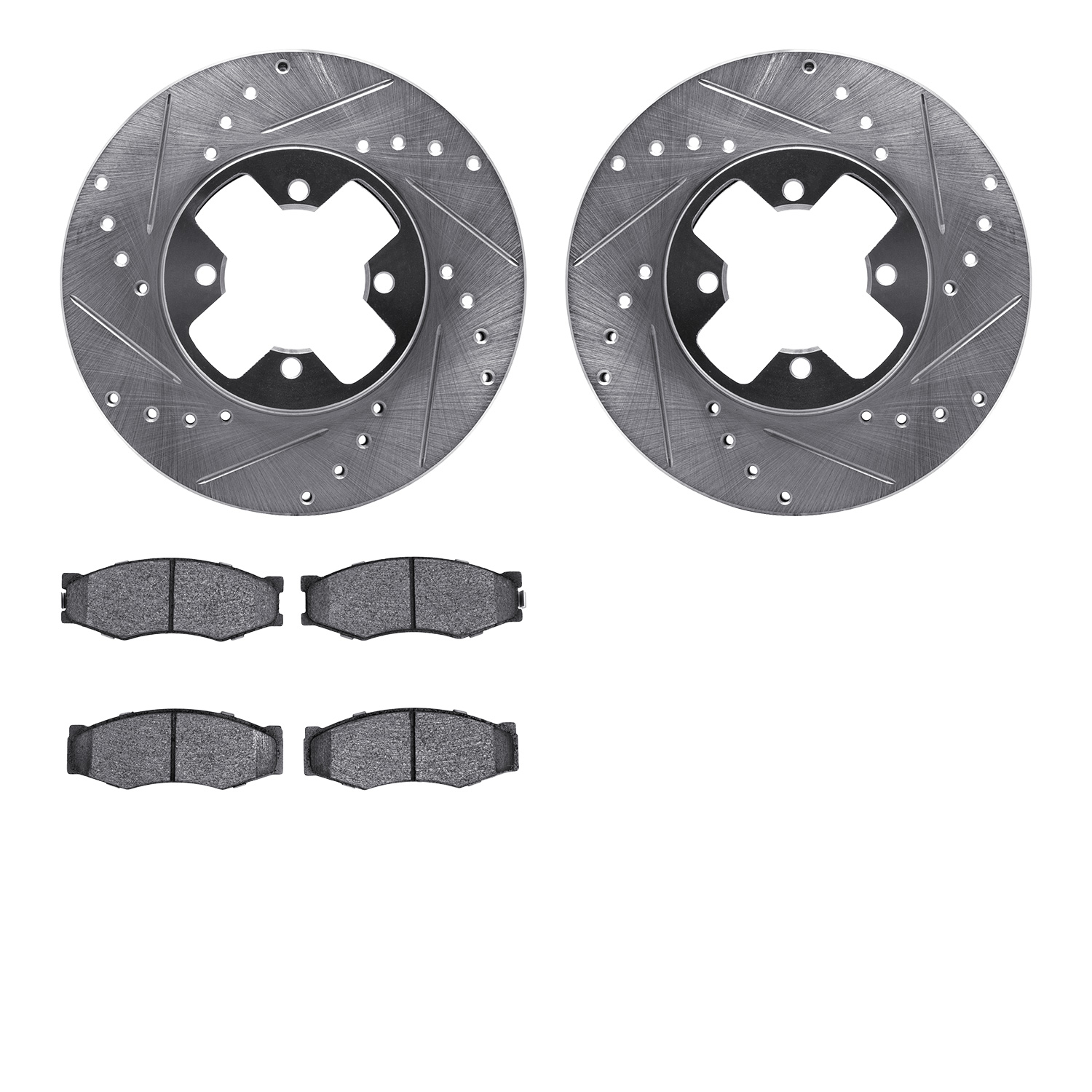 7502-67088 Drilled/Slotted Brake Rotors w/5000 Advanced Brake Pads Kit [Silver], 1984-1985 Infiniti/Nissan, Position: Front