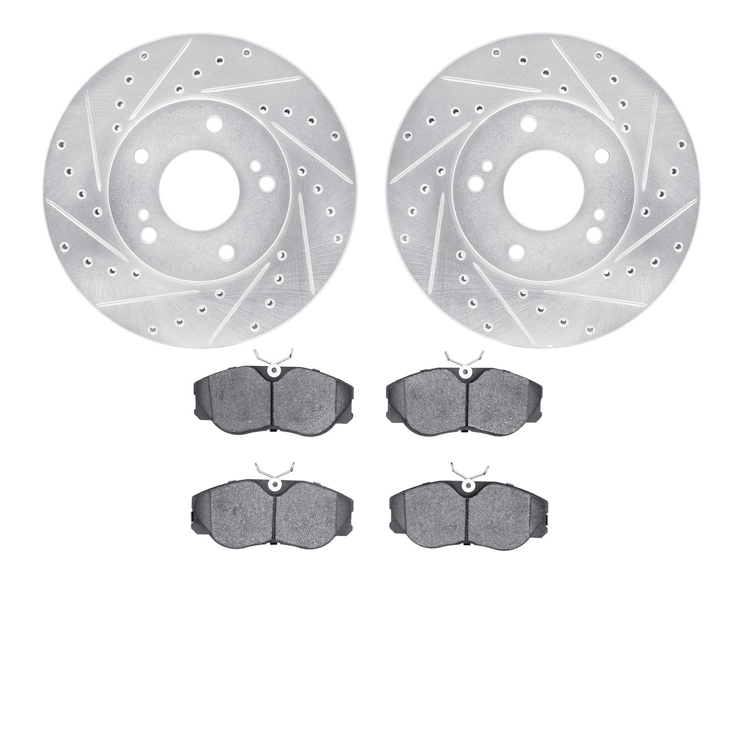 7502-67100 Drilled/Slotted Brake Rotors w/5000 Advanced Brake Pads Kit [Silver], 1987-1989 Infiniti/Nissan, Position: Front