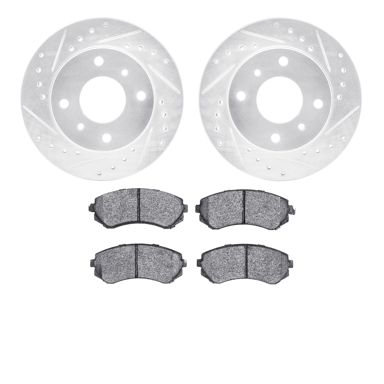7502-67106 Drilled/Slotted Brake Rotors w/5000 Advanced Brake Pads Kit [Silver], 1989-1996 Infiniti/Nissan, Position: Front