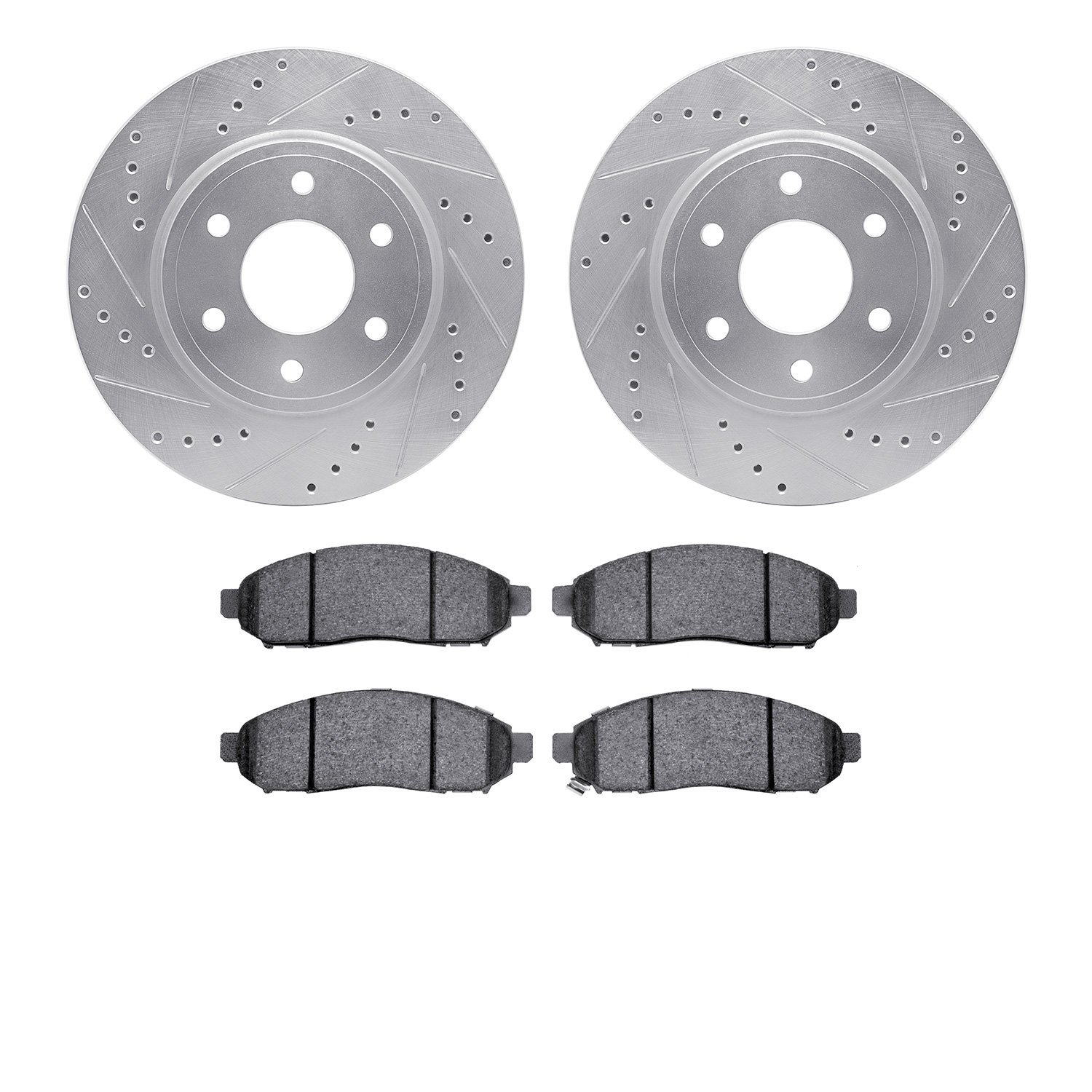 7502-67108 Drilled/Slotted Brake Rotors w/5000 Advanced Brake Pads Kit [Silver], 2005-2021 Multiple Makes/Models, Position: Fron