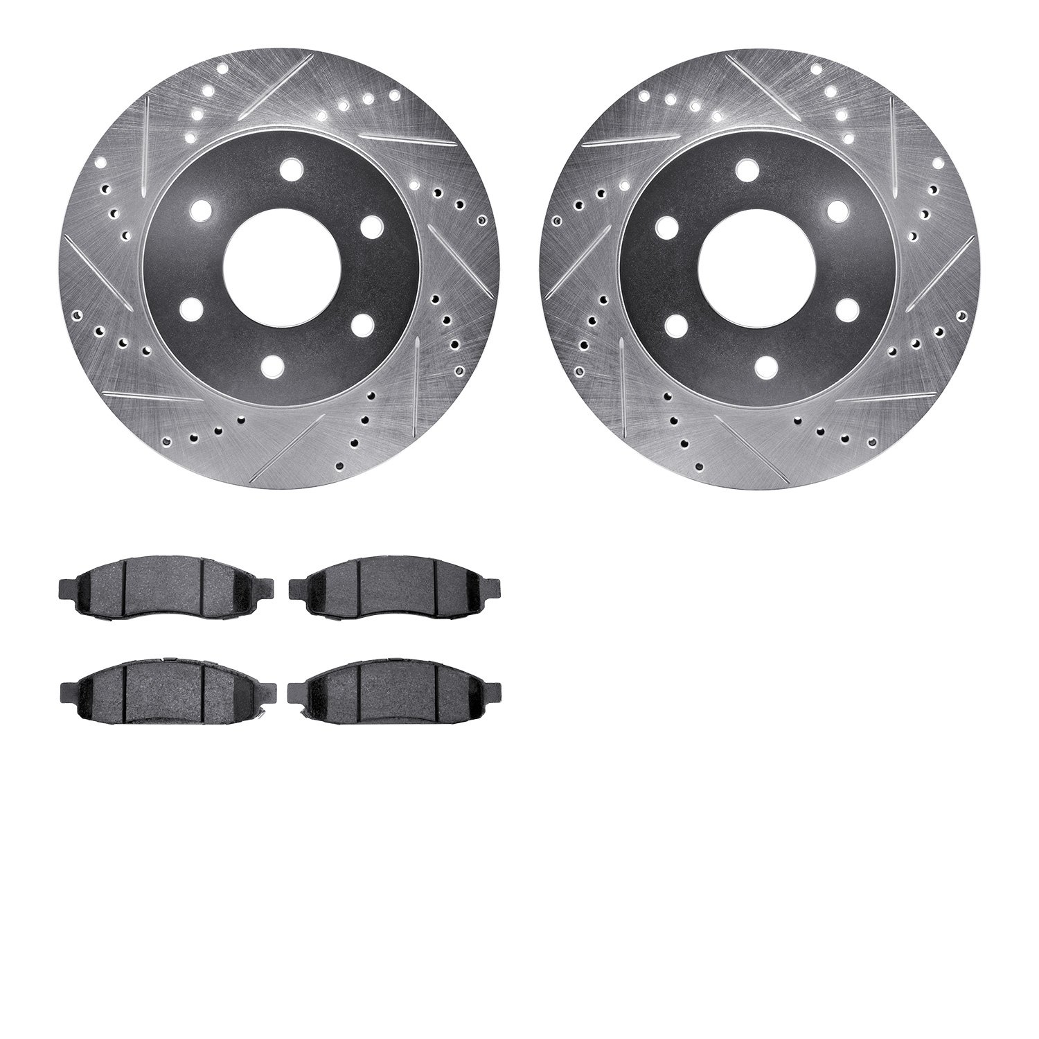 7502-67112 Drilled/Slotted Brake Rotors w/5000 Advanced Brake Pads Kit [Silver], 2004-2005 Infiniti/Nissan, Position: Front