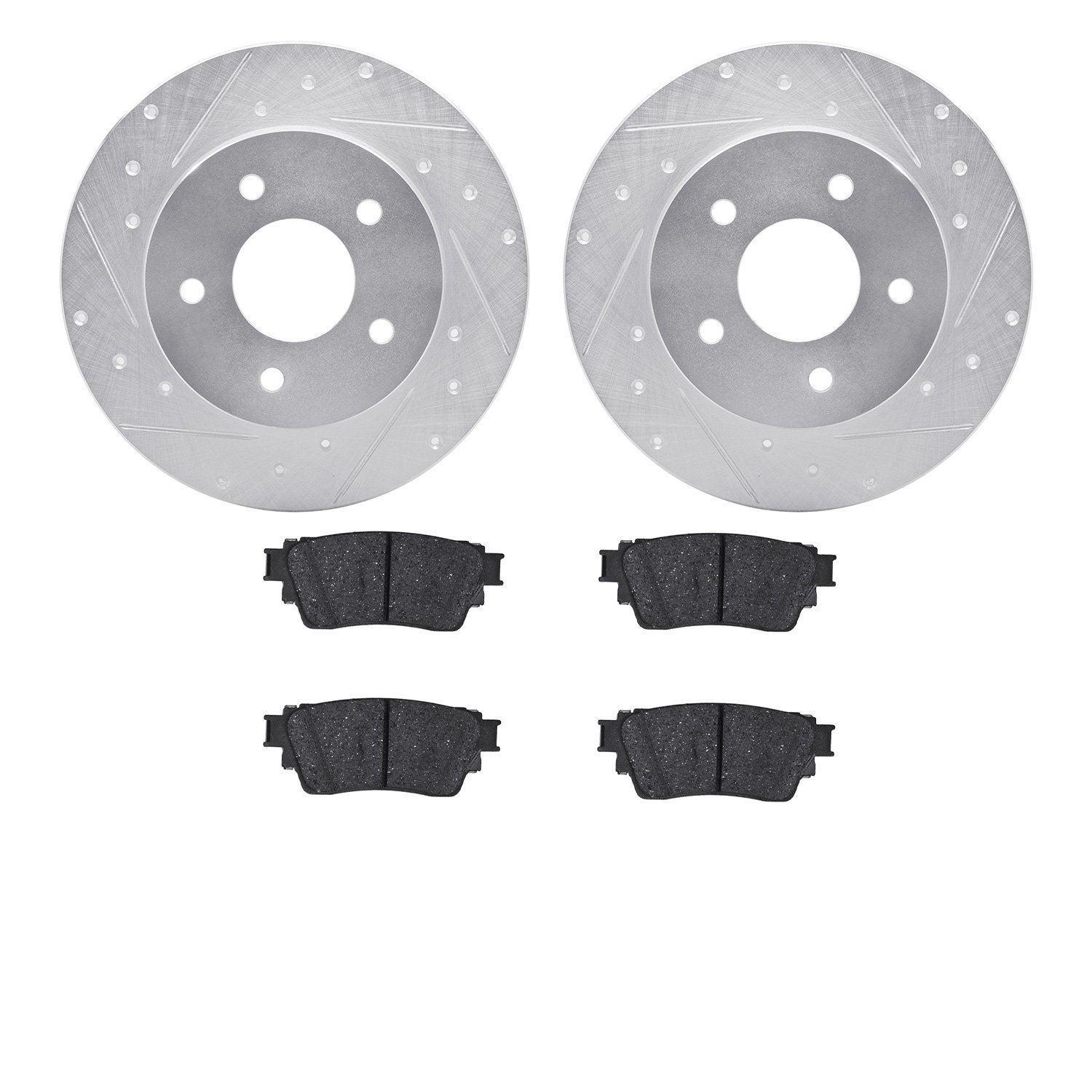 7502-67122 Drilled/Slotted Brake Rotors w/5000 Advanced Brake Pads Kit [Silver], Fits Select Infiniti/Nissan, Position: Rear