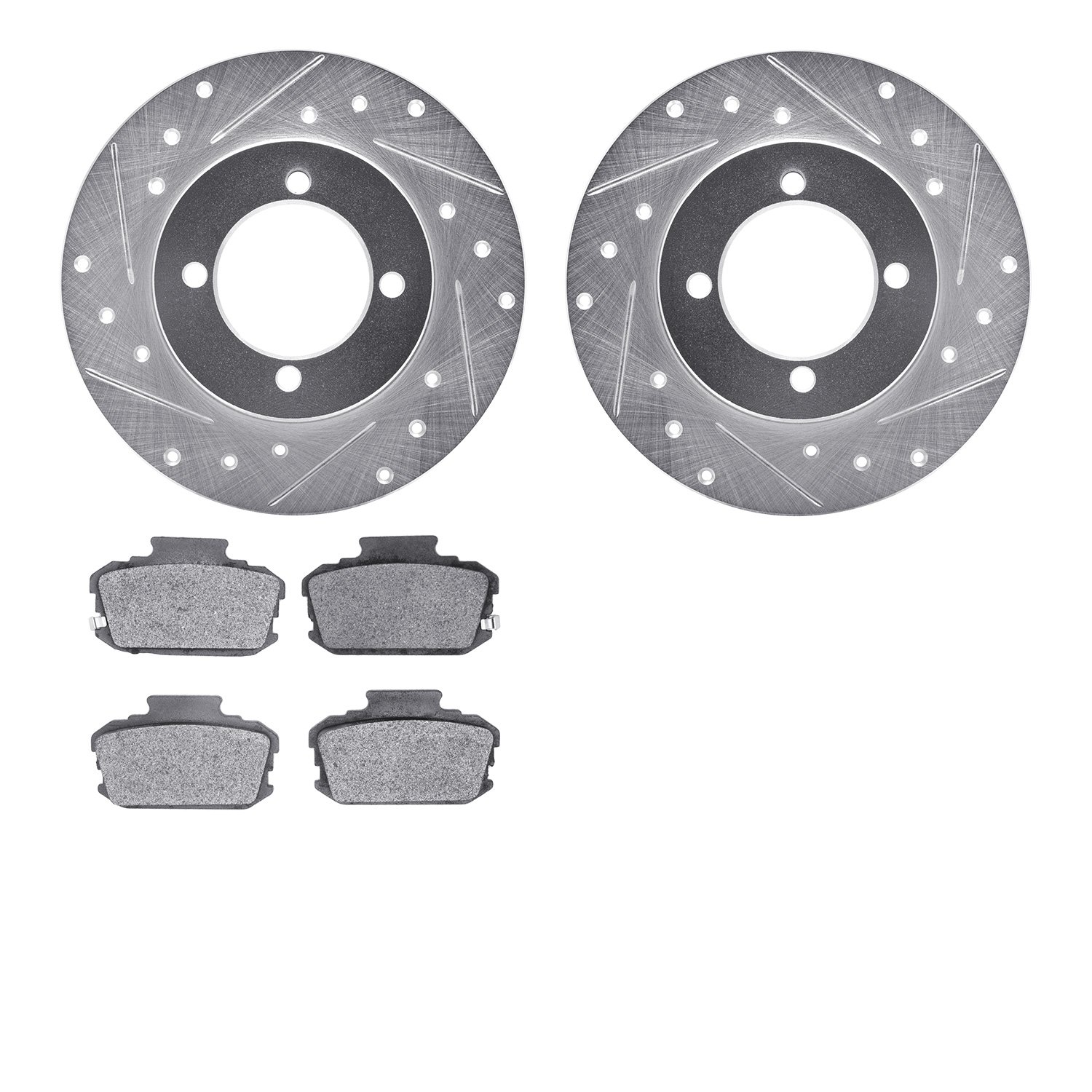 7502-67127 Drilled/Slotted Brake Rotors w/5000 Advanced Brake Pads Kit [Silver], 1974-1975 Infiniti/Nissan, Position: Front