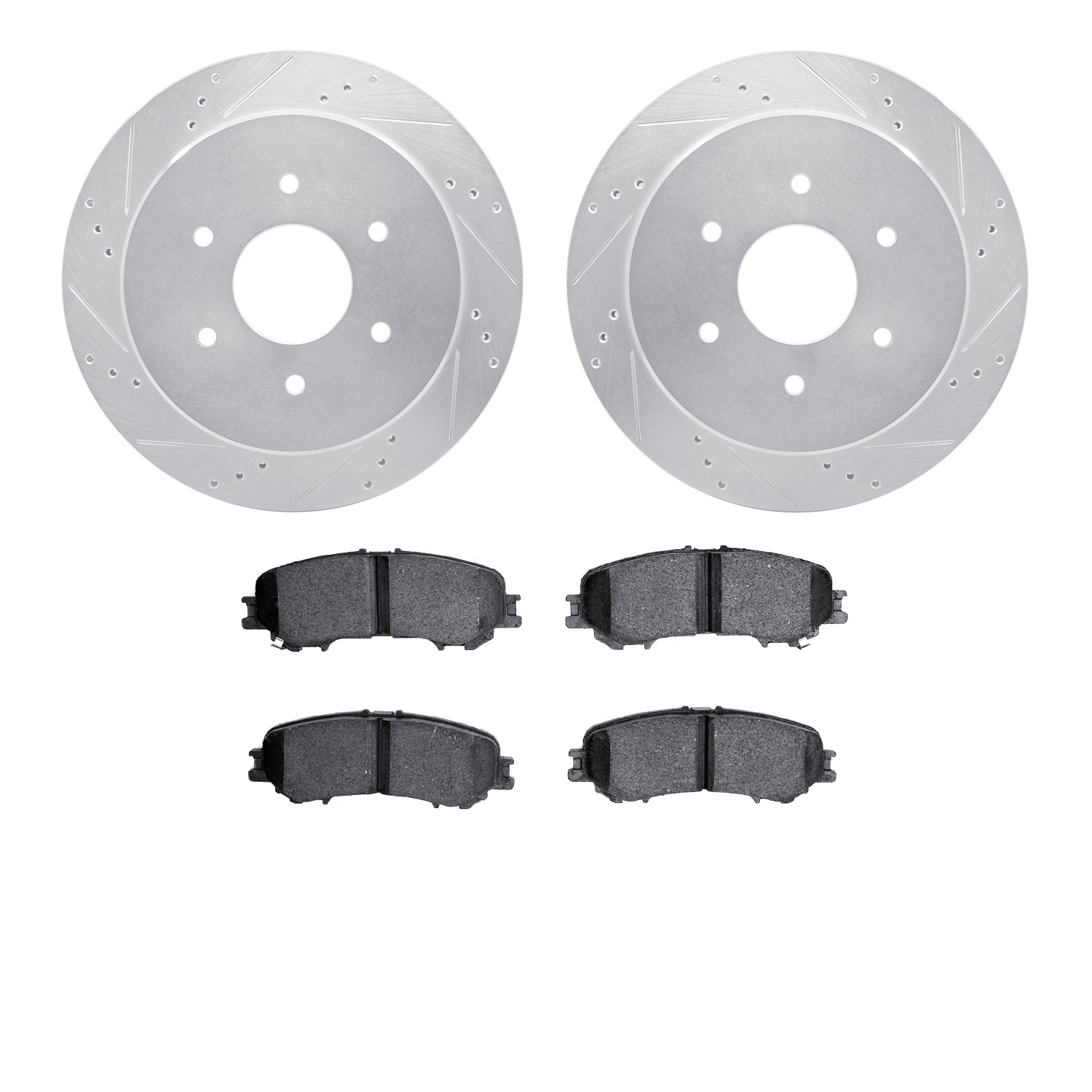 7502-67131 Drilled/Slotted Brake Rotors w/5000 Advanced Brake Pads Kit [Silver], Fits Select Infiniti/Nissan, Position: Rear