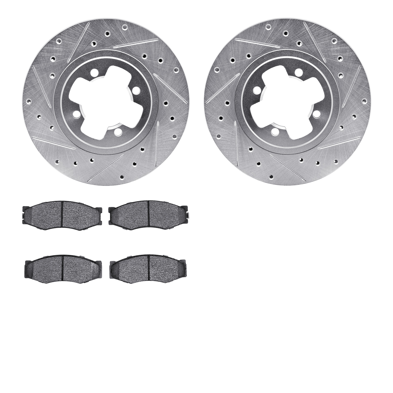7502-67138 Drilled/Slotted Brake Rotors w/5000 Advanced Brake Pads Kit [Silver], 1984-1984 Infiniti/Nissan, Position: Front
