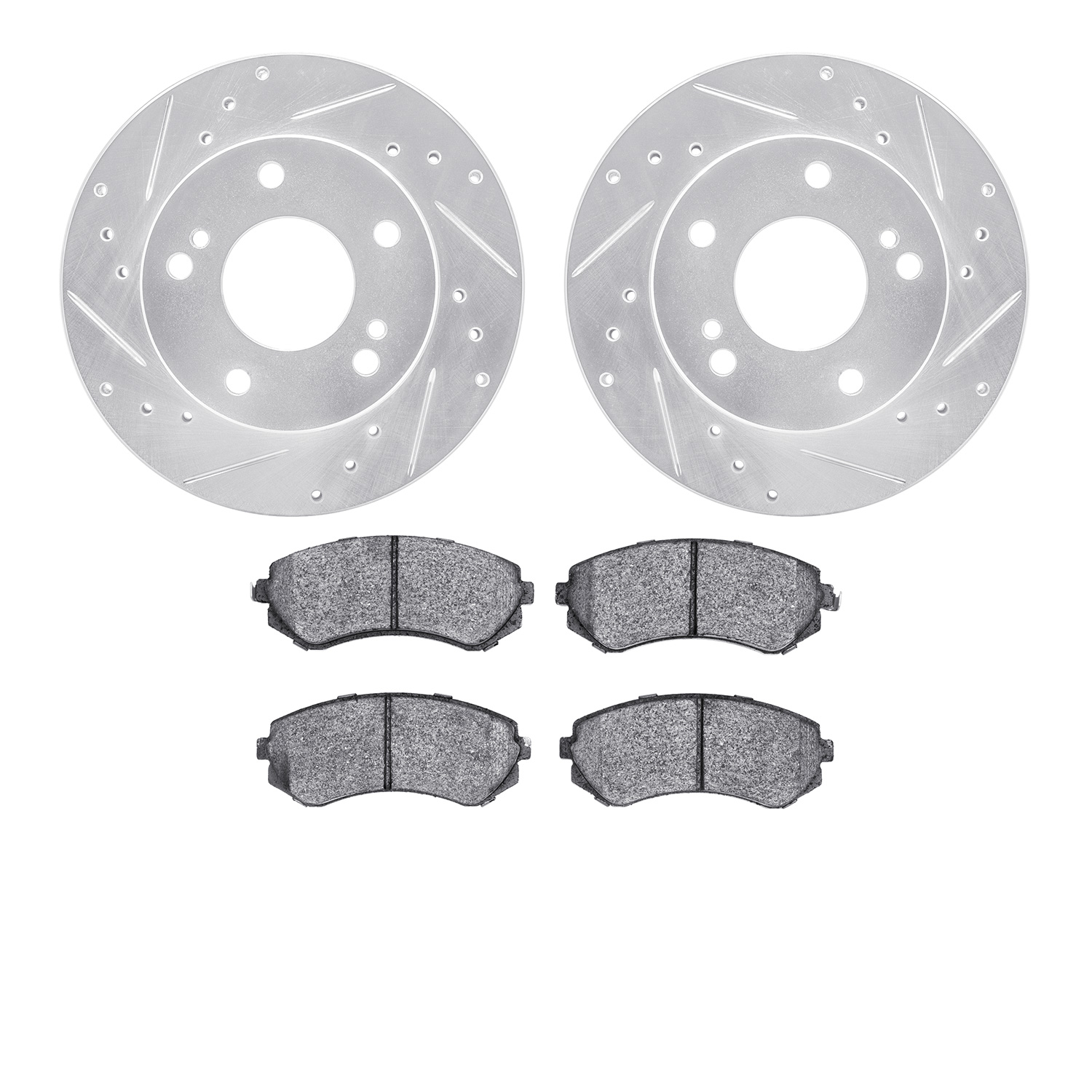 7502-67172 Drilled/Slotted Brake Rotors w/5000 Advanced Brake Pads Kit [Silver], 1994-1996 Infiniti/Nissan, Position: Front