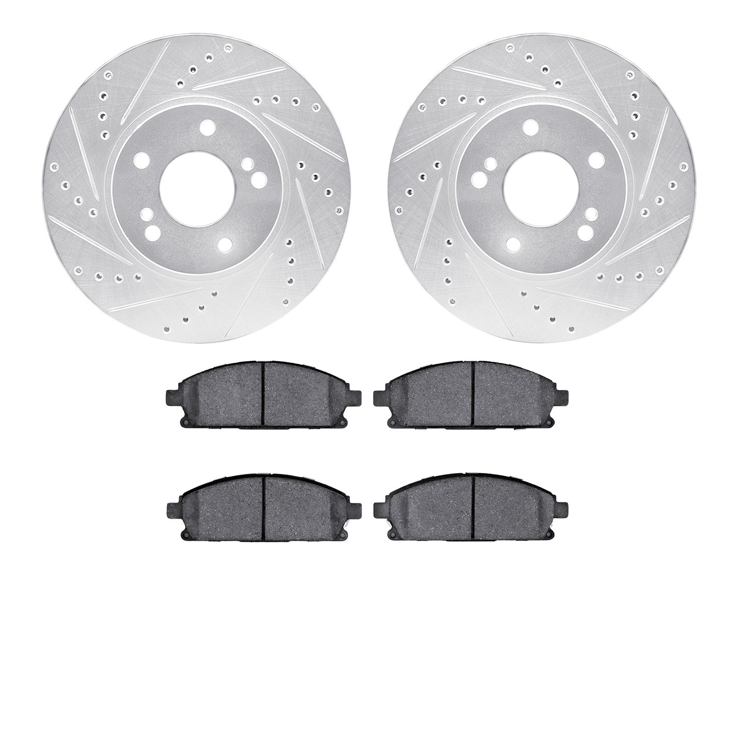 7502-68005 Drilled/Slotted Brake Rotors w/5000 Advanced Brake Pads Kit [Silver], 1997-2001 Infiniti/Nissan, Position: Front