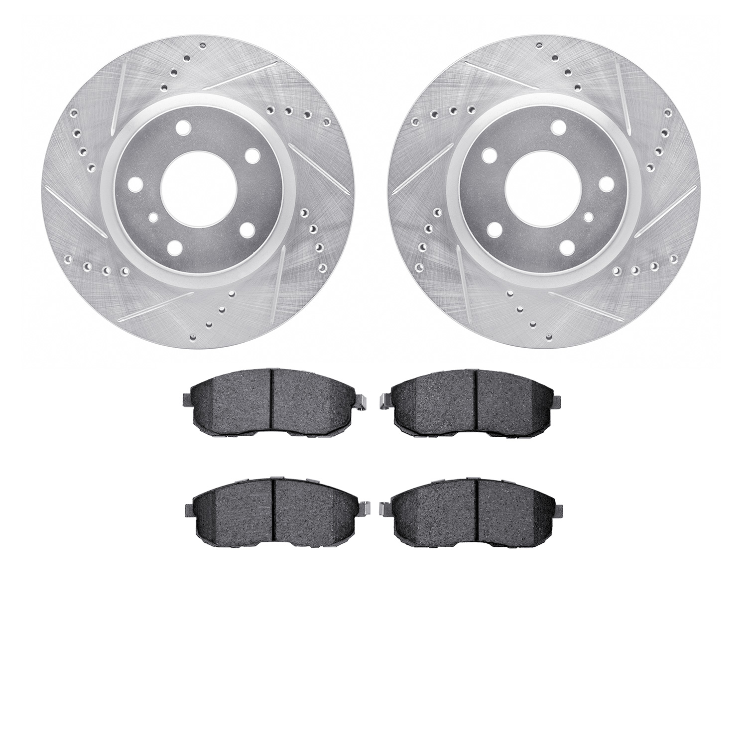 7502-68008 Drilled/Slotted Brake Rotors w/5000 Advanced Brake Pads Kit [Silver], 2003-2005 Infiniti/Nissan, Position: Front