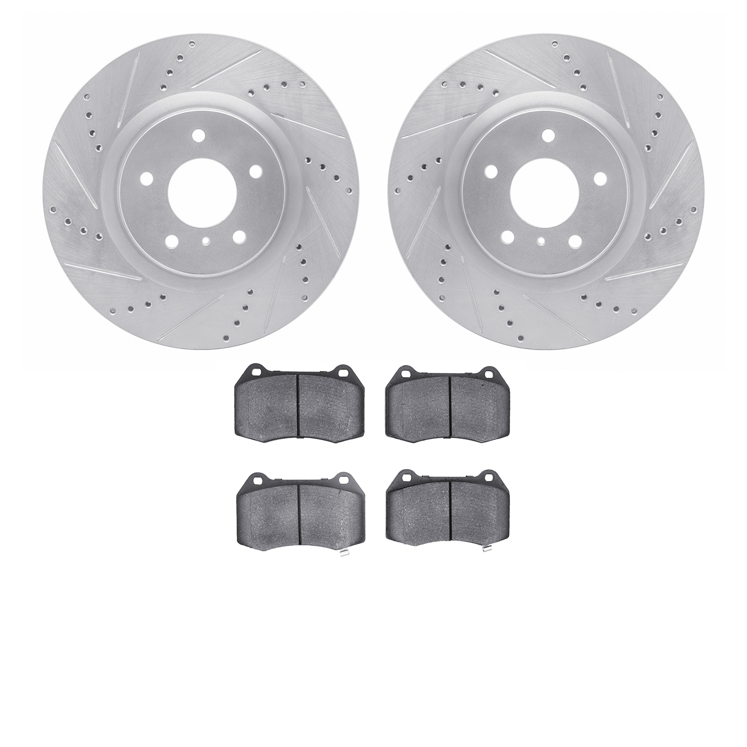 7502-68009 Drilled/Slotted Brake Rotors w/5000 Advanced Brake Pads Kit [Silver], 2003-2008 Infiniti/Nissan, Position: Front