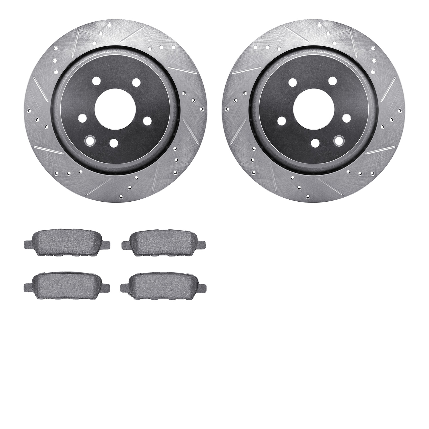 7502-68011 Drilled/Slotted Brake Rotors w/5000 Advanced Brake Pads Kit [Silver], 2007-2015 Infiniti/Nissan, Position: Rear