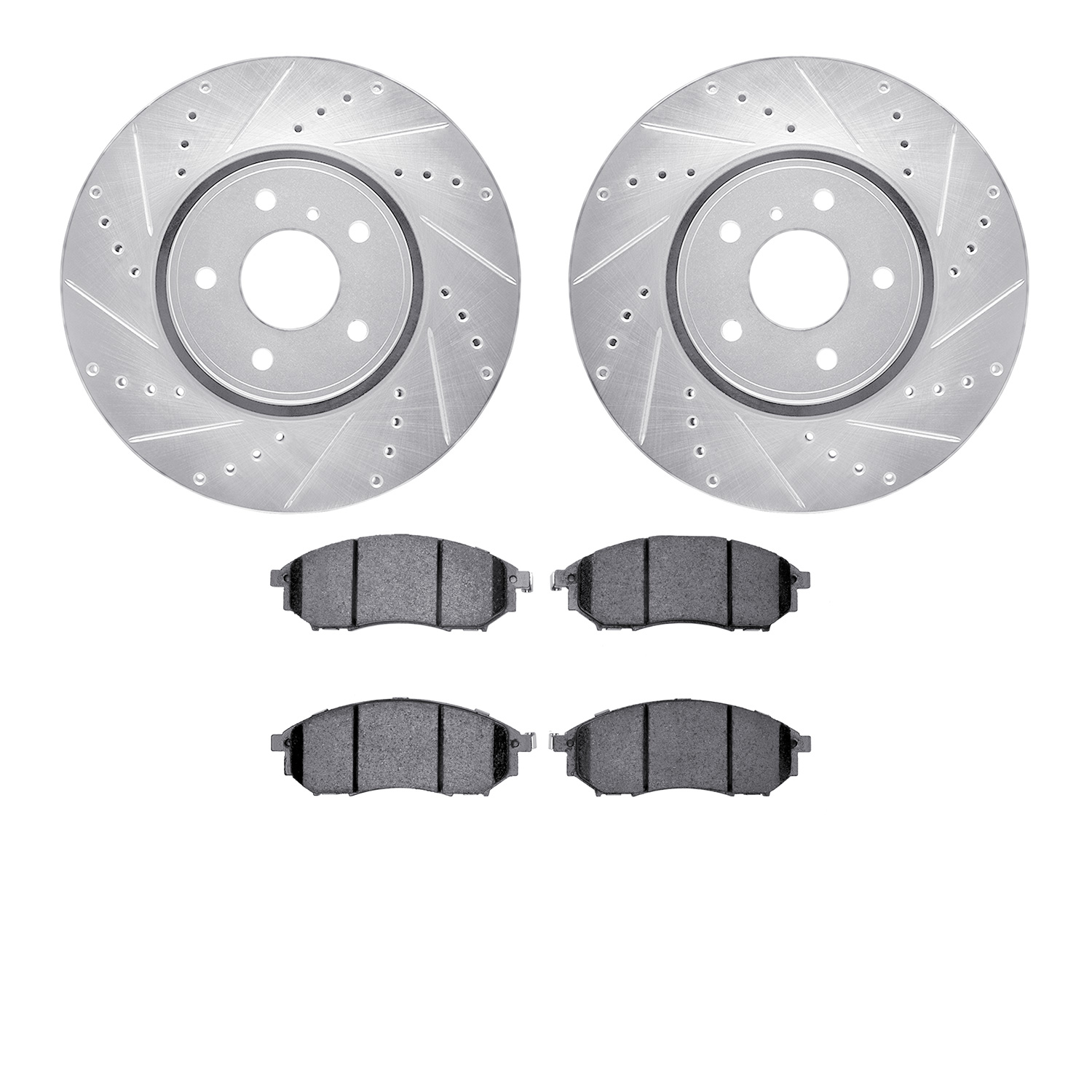 7502-68013 Drilled/Slotted Brake Rotors w/5000 Advanced Brake Pads Kit [Silver], 2014-2014 Infiniti/Nissan, Position: Front