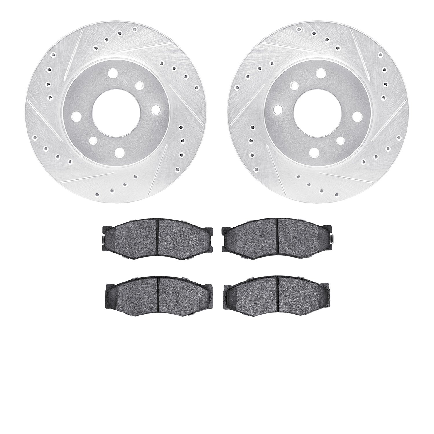 7502-68014 Drilled/Slotted Brake Rotors w/5000 Advanced Brake Pads Kit [Silver], 1990-1992 Infiniti/Nissan, Position: Front