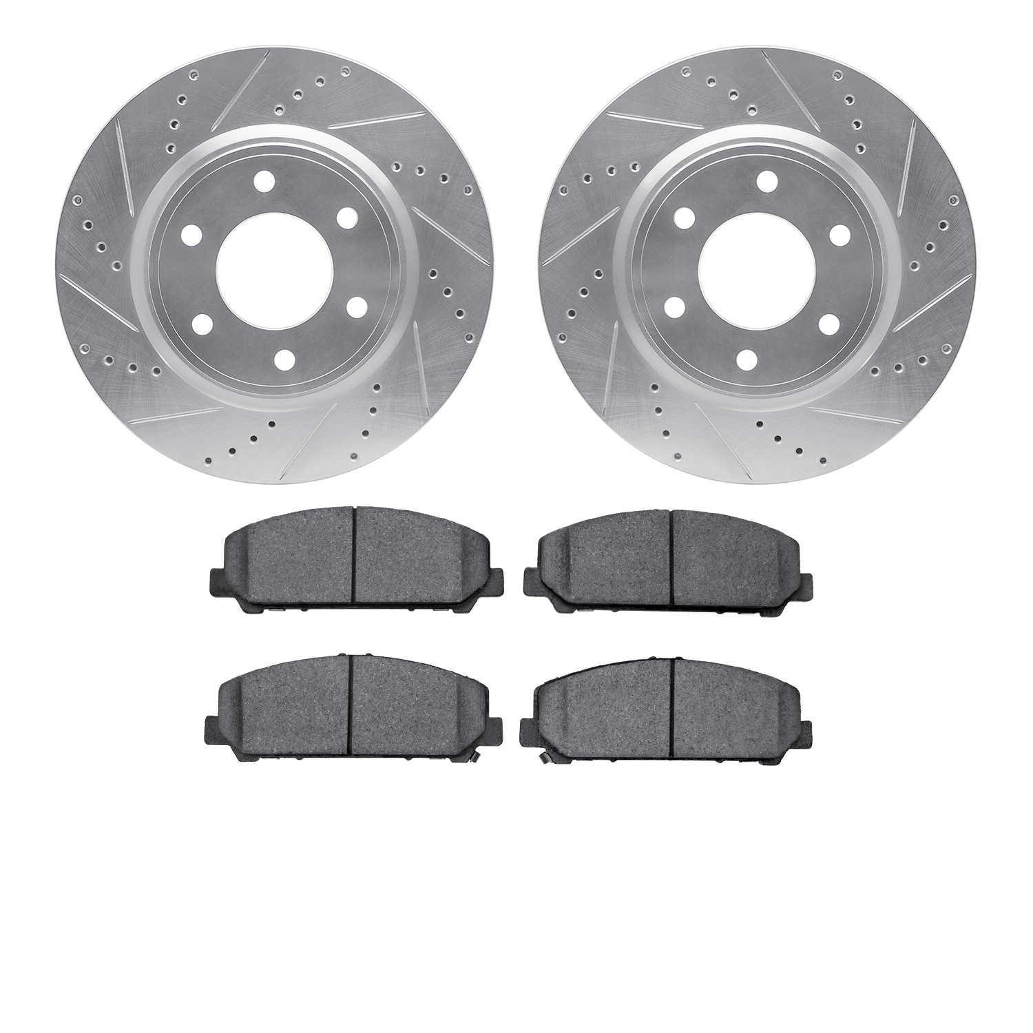 7502-68018 Drilled/Slotted Brake Rotors w/5000 Advanced Brake Pads Kit [Silver], Fits Select Infiniti/Nissan, Position: Front