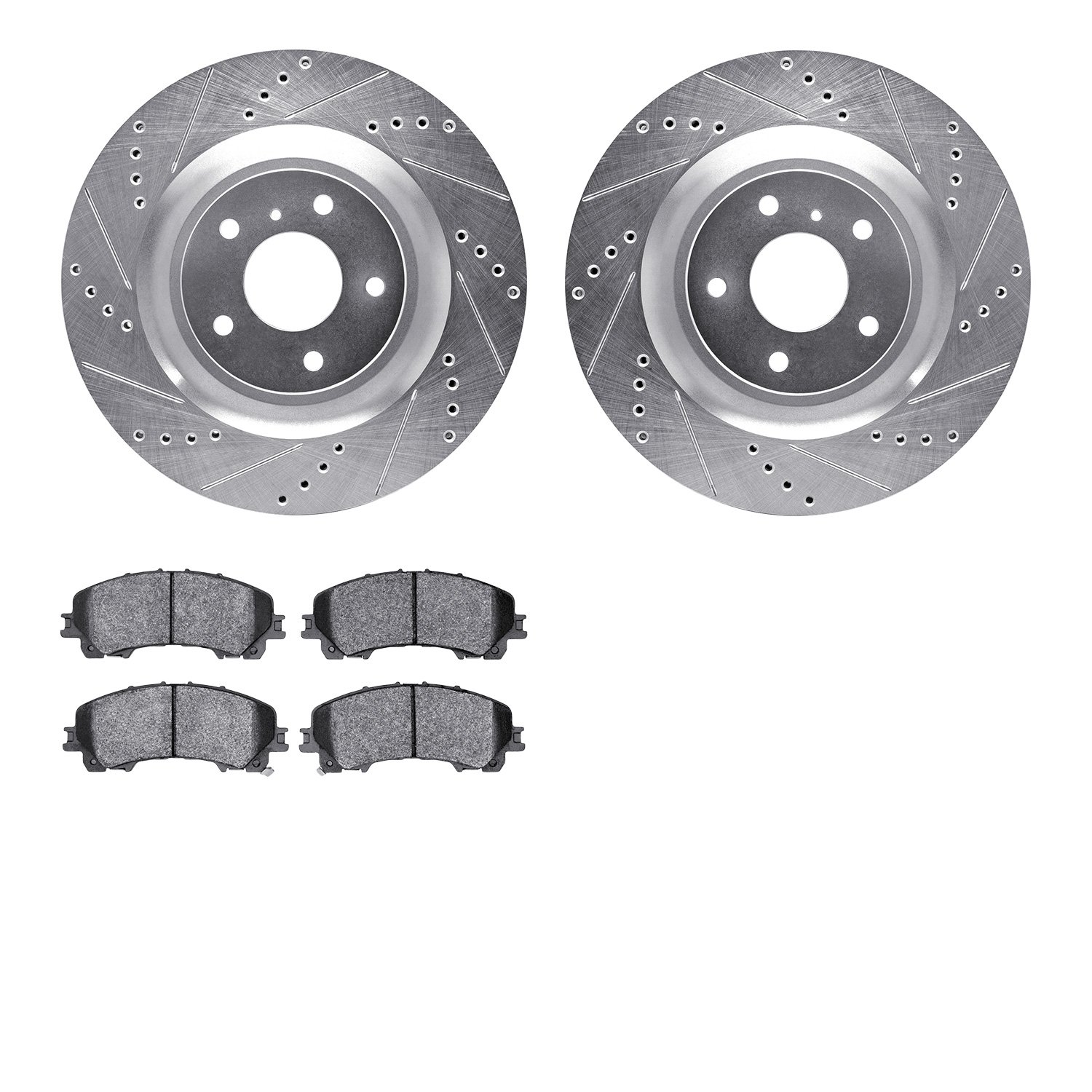 7502-68020 Drilled/Slotted Brake Rotors w/5000 Advanced Brake Pads Kit [Silver], Fits Select Infiniti/Nissan, Position: Front